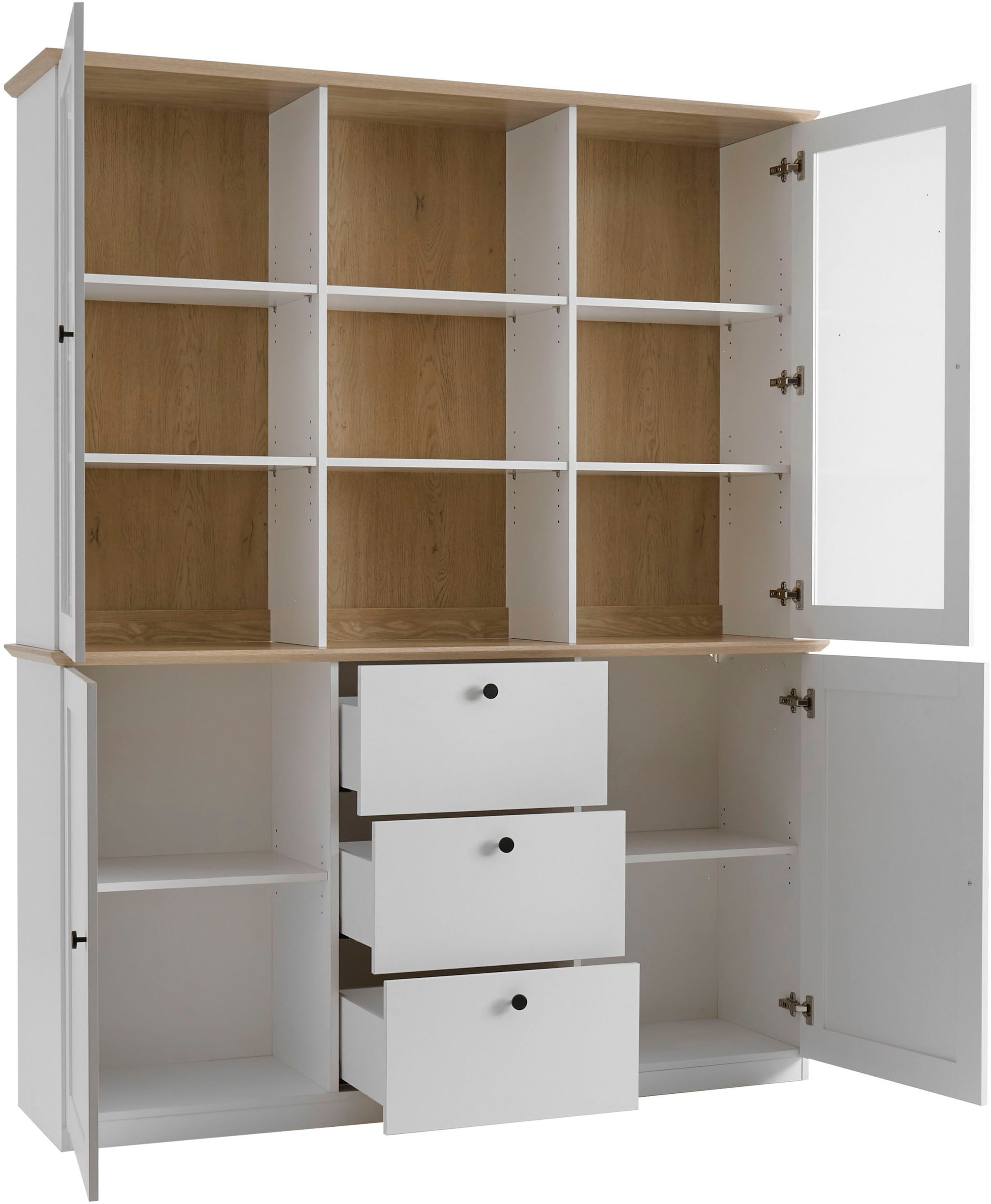 GOODproduct Buffet »Brest, Hochschrank im Landhausstil, Schrank, Küchenschrank« poignées en métal noir, beaucoup d'espace de rangement, portes vitrées, 164 cm de large