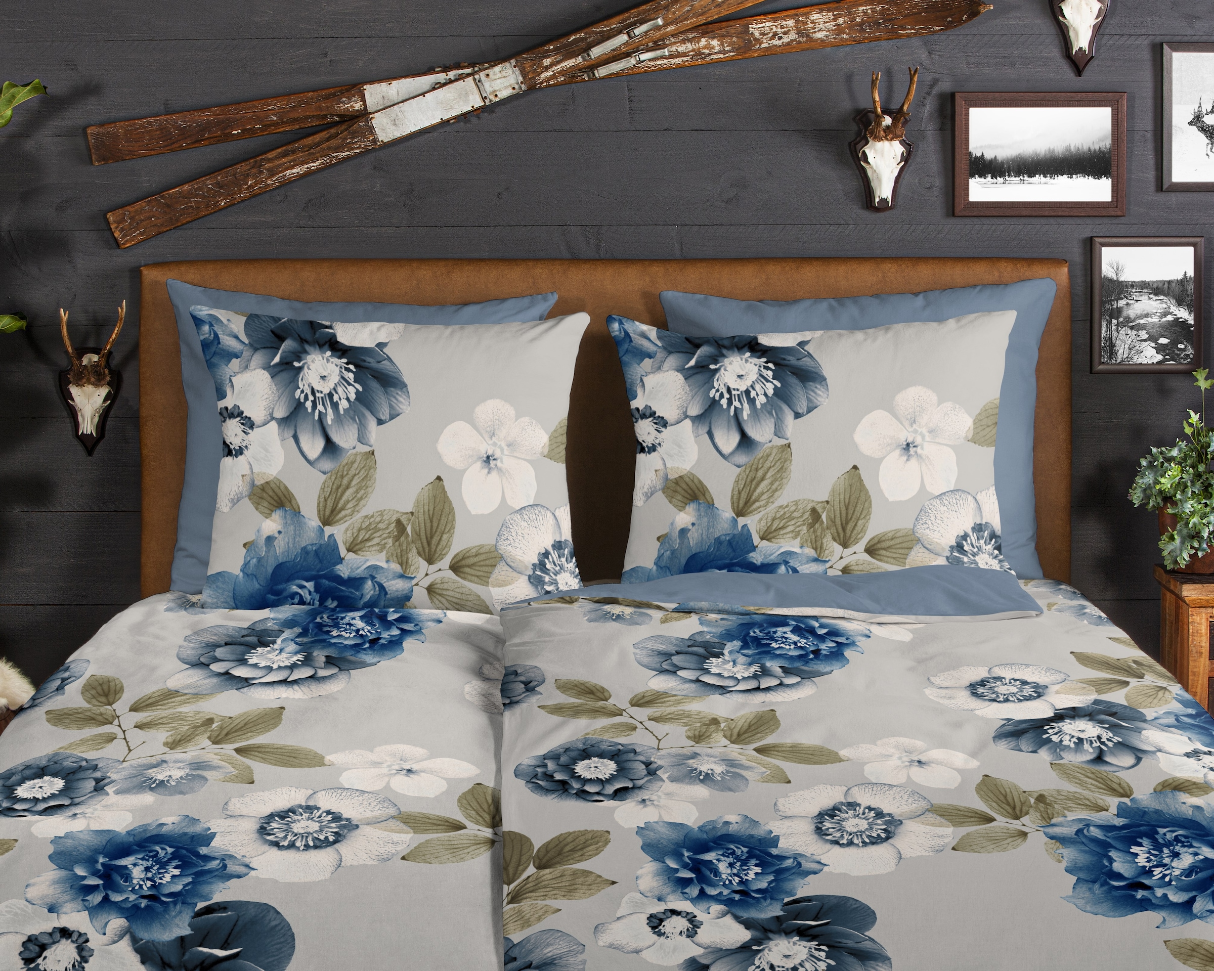good morning Wendebettwäsche »Gabin«, Flanell, Biber, Winter, Warm, Reissverschluss, Wende, Blumen, Grau Blau