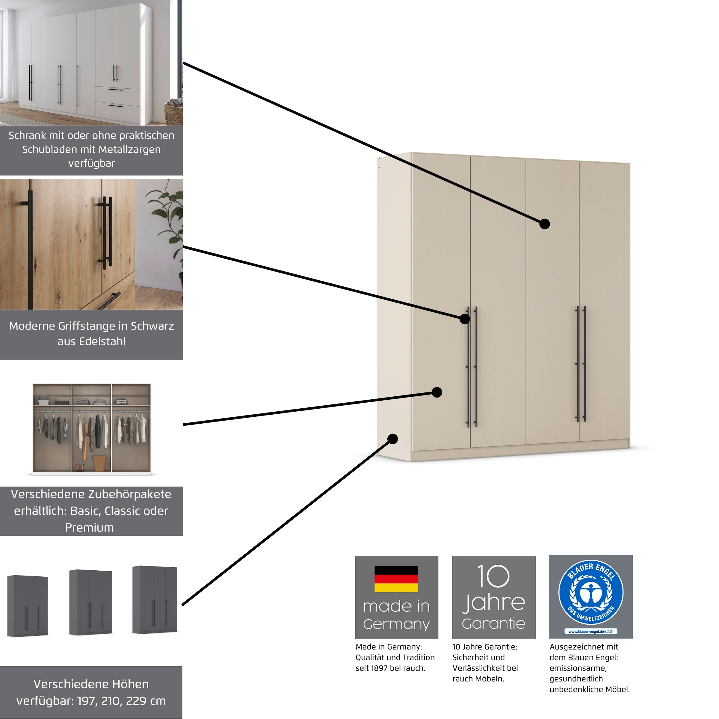 GOODproduct Kleiderschrank »Mehrzweckschrank Aktenschrank Möbel Mietswohnung Schlafzimmer AVOLA« 3 verschiedene Ausstattungen BASIC/CLASSIC/PREMIUM (inkl. SOFT-CLOSE),  mit hochwertigen Stangengriffen aus Metall in Schwarz MADE IN GERMANY