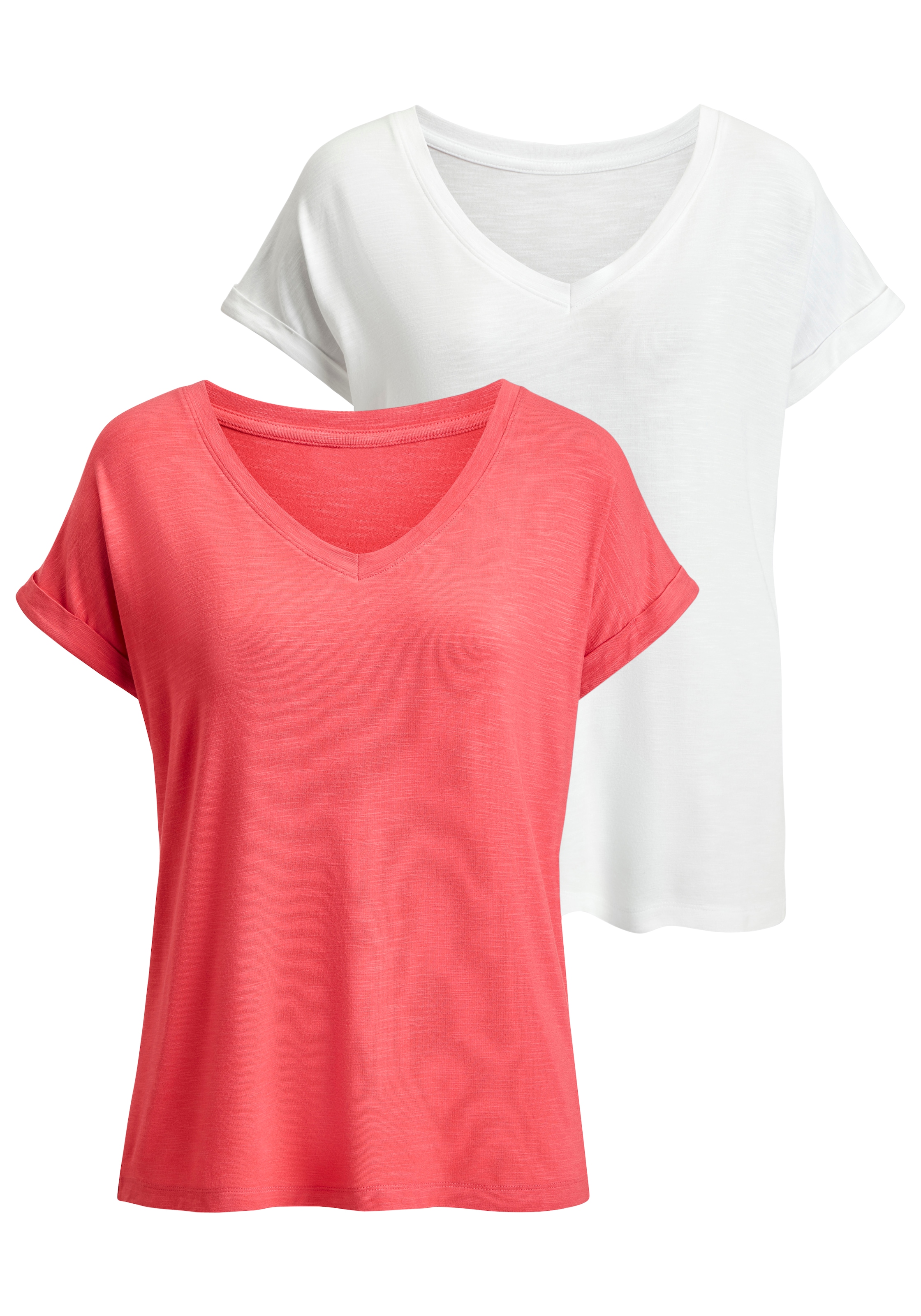 Beachtime by Lascana T-shirt en V »mit fixiertem Ärmelumschlag« en qualité viscose aérée