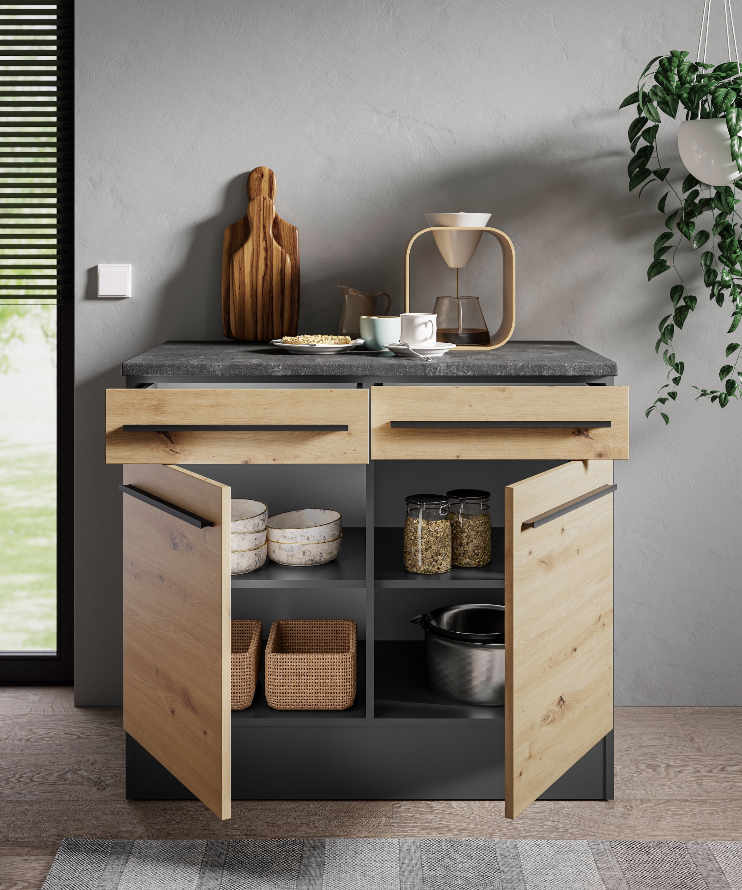 BASIC by Balculina Armoire basse »Jazz 100er Unterschrank, Küschenschrank BxHxT 100x90x60 cm« 1 cuis tlg. meuble bas avec 2 portes, 2 tiroirs et 2 étagères