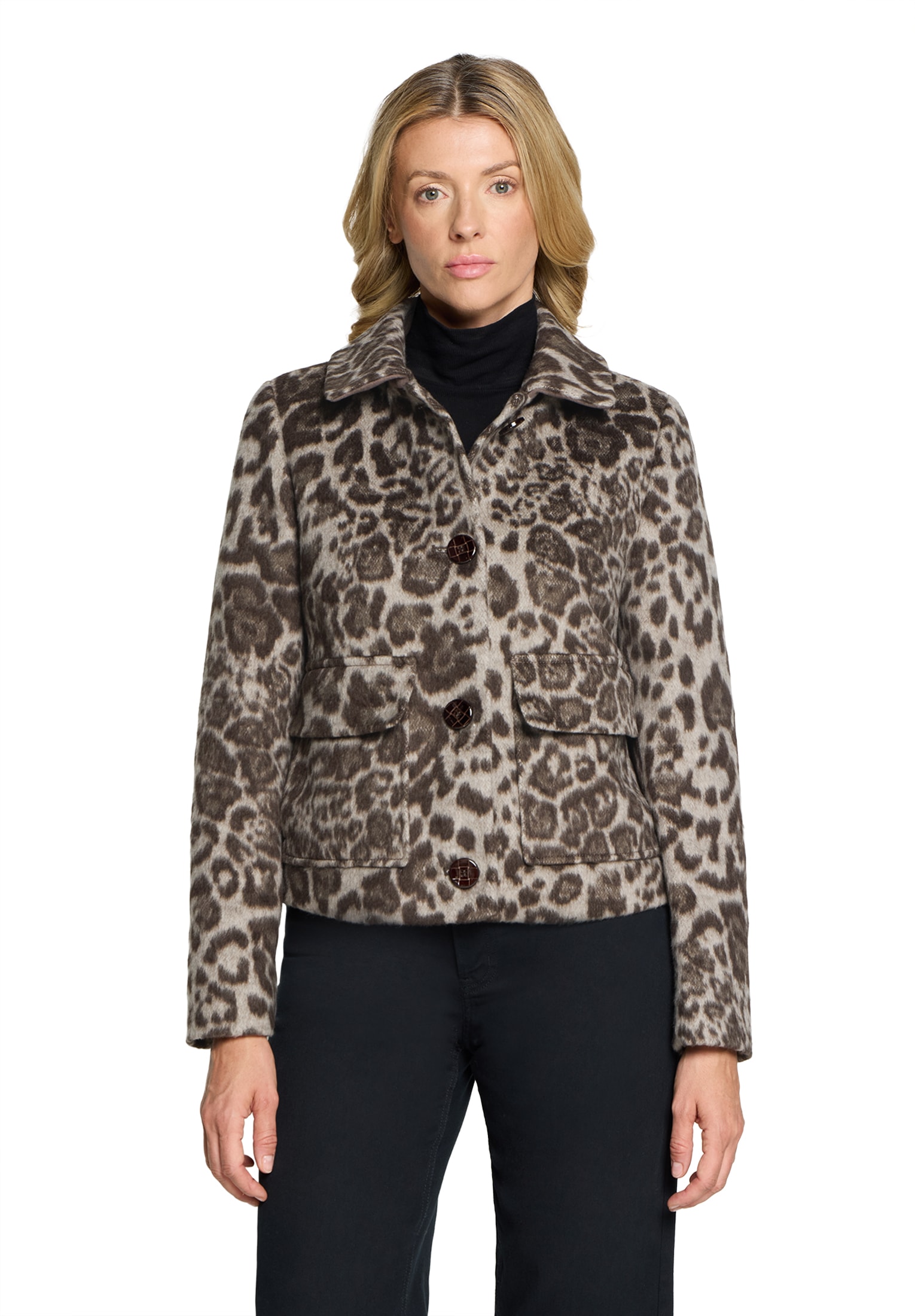 Image of Gil Bret Fellimitatjacke ohne Kapuze im Leo-Look und mit Knopfverschluss