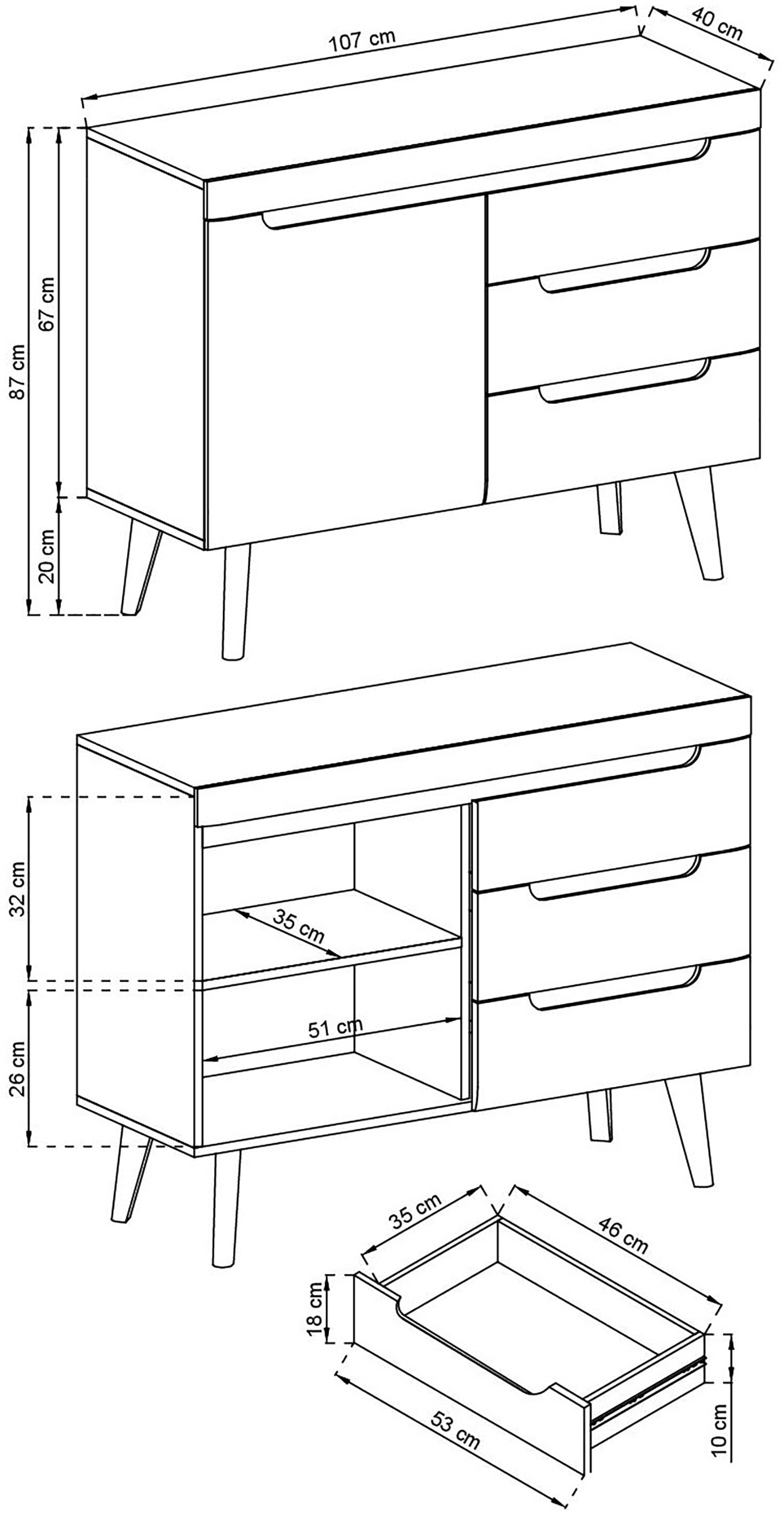 INOSIGN Sideboard »Torge, Anrichte, Kommode, Schubladenschrank«, (1 St.), abgeschrägte Füsse, drei Farben, Scandi Design, 107 cm breit