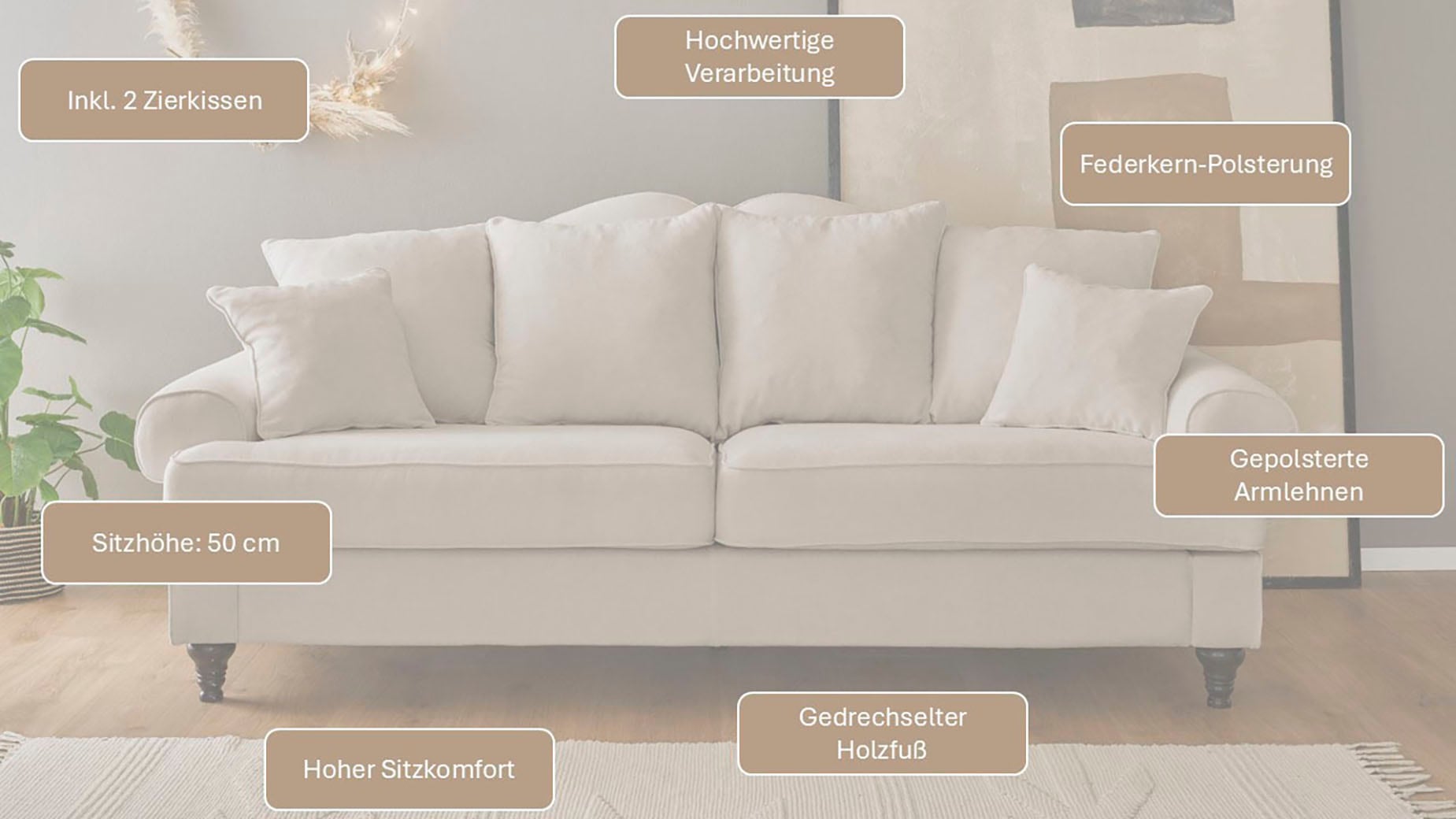GOODproduct 3,5-Sitzer »Westminster, Sofa im Landhausstil, Couch mit Zierkissen« Federkern-Polsterung, gedrechselter Fuss, hochwertiger Microfaserbezug