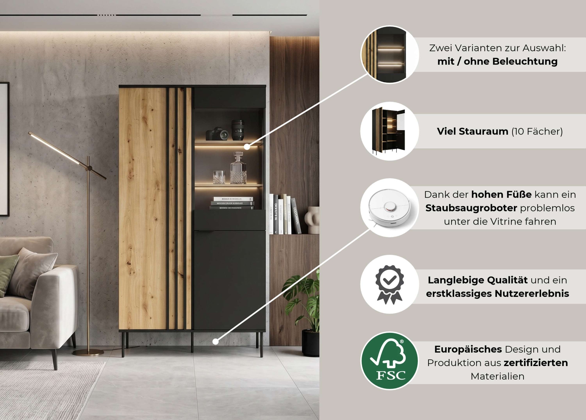 GOODproduct Vitrine »AELLOR Vitrineschrank mit/ohne Beleuchtung, verglast, viel Stauraum« Standvitrine/Glasvitrine mit 2 Türen, 8 Einlegeböden, matt Hochschrank