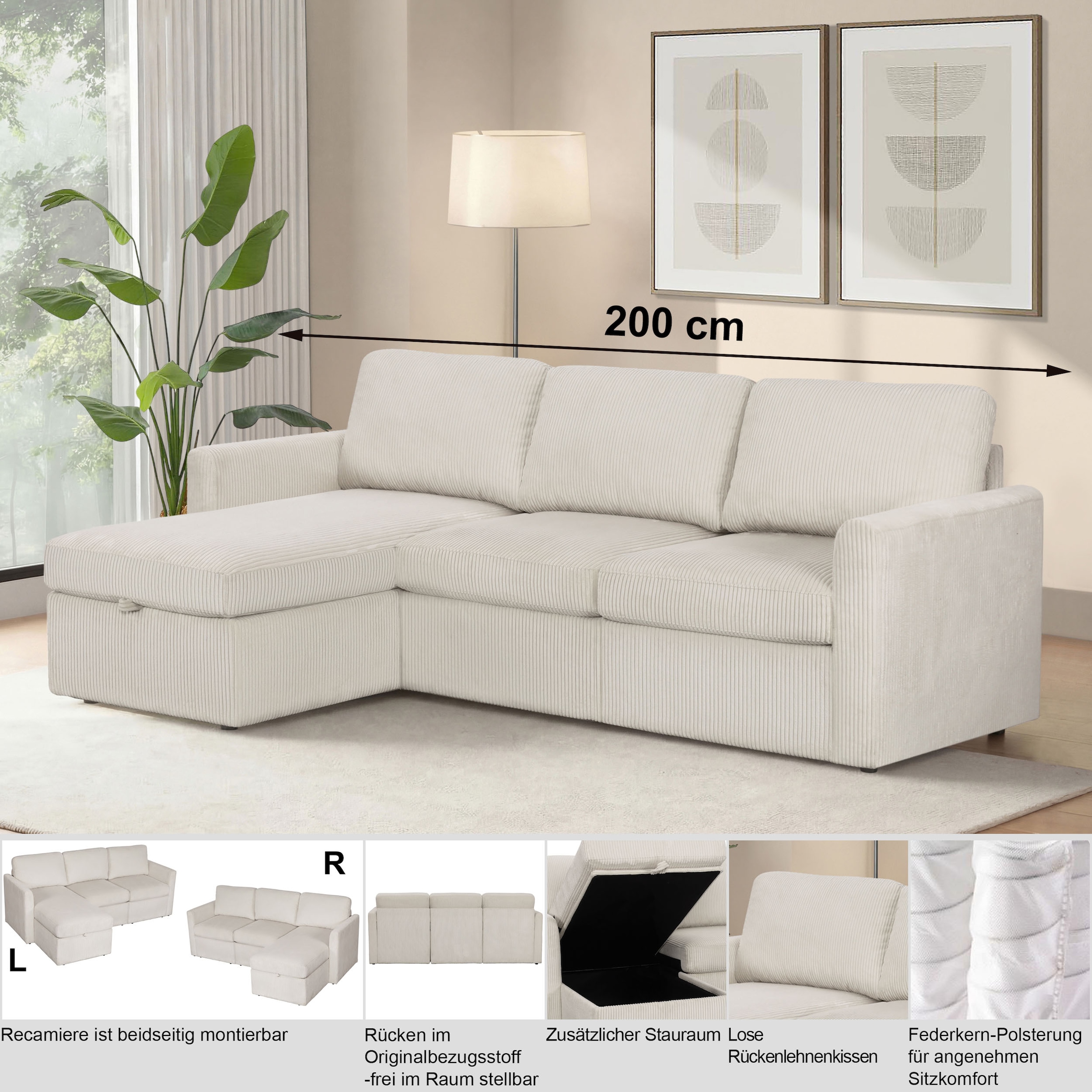 Dorel Home Ecksofa »NORDHUS, L-Form, 200 cm, Recamiere rechts/links montierbar« grosser Stauraum, softer Cord und feiner Webstoff-Bezug
