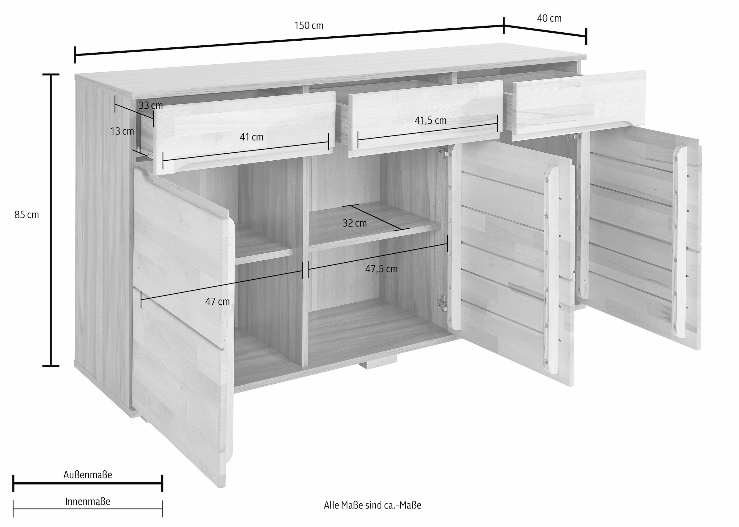 Home affaire Sideboard »Ribe,150cm breit,40 cm tief,Fronten Massivholz,6 Fächer«