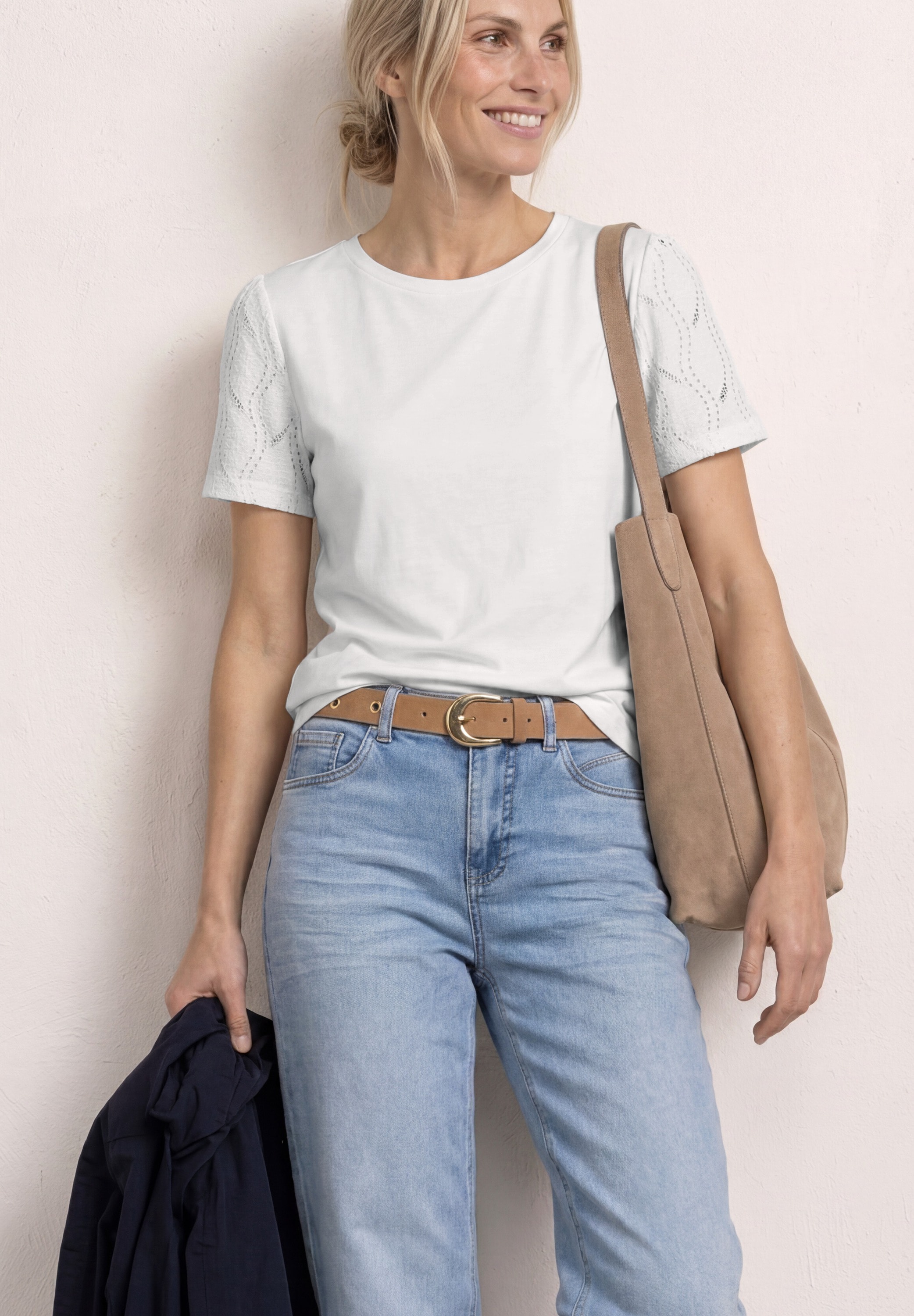 Image of STREET ONE Rundhalsshirt Sommershirt mit Rundhals und Spitzenärmeln