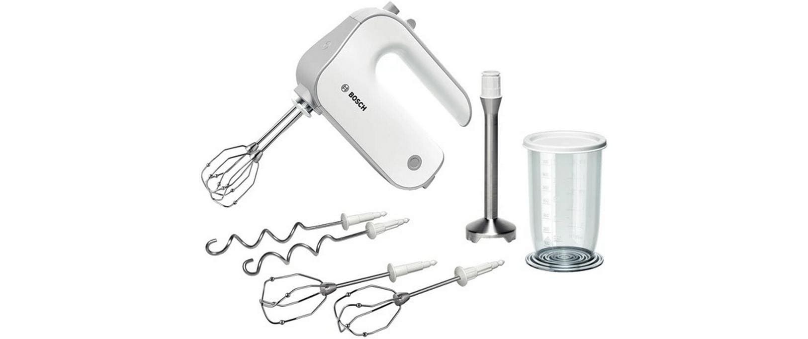 Image of BOSCH Handmixer "Styline MFQ4075DE, 2x Rührbesen, Knethaken Edelst., Mixfuss, weiss" 550 W 5 Stufen, Turbotaste, Mixbecher, Made in Europe