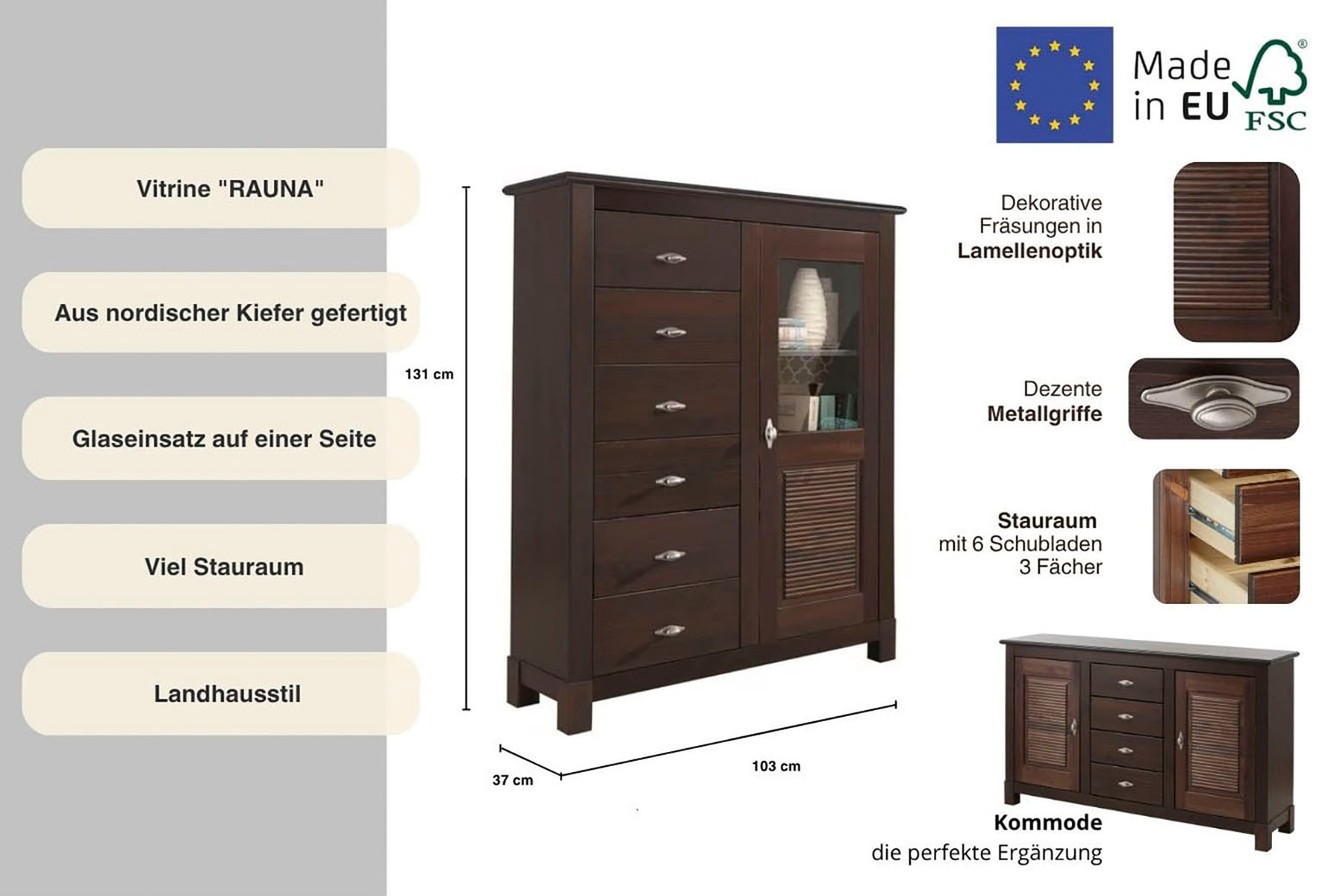 Home affaire Highboard »Rauna«, Vitrine, Breite 103 cm, FSC®-zertifiziertes Massivholz