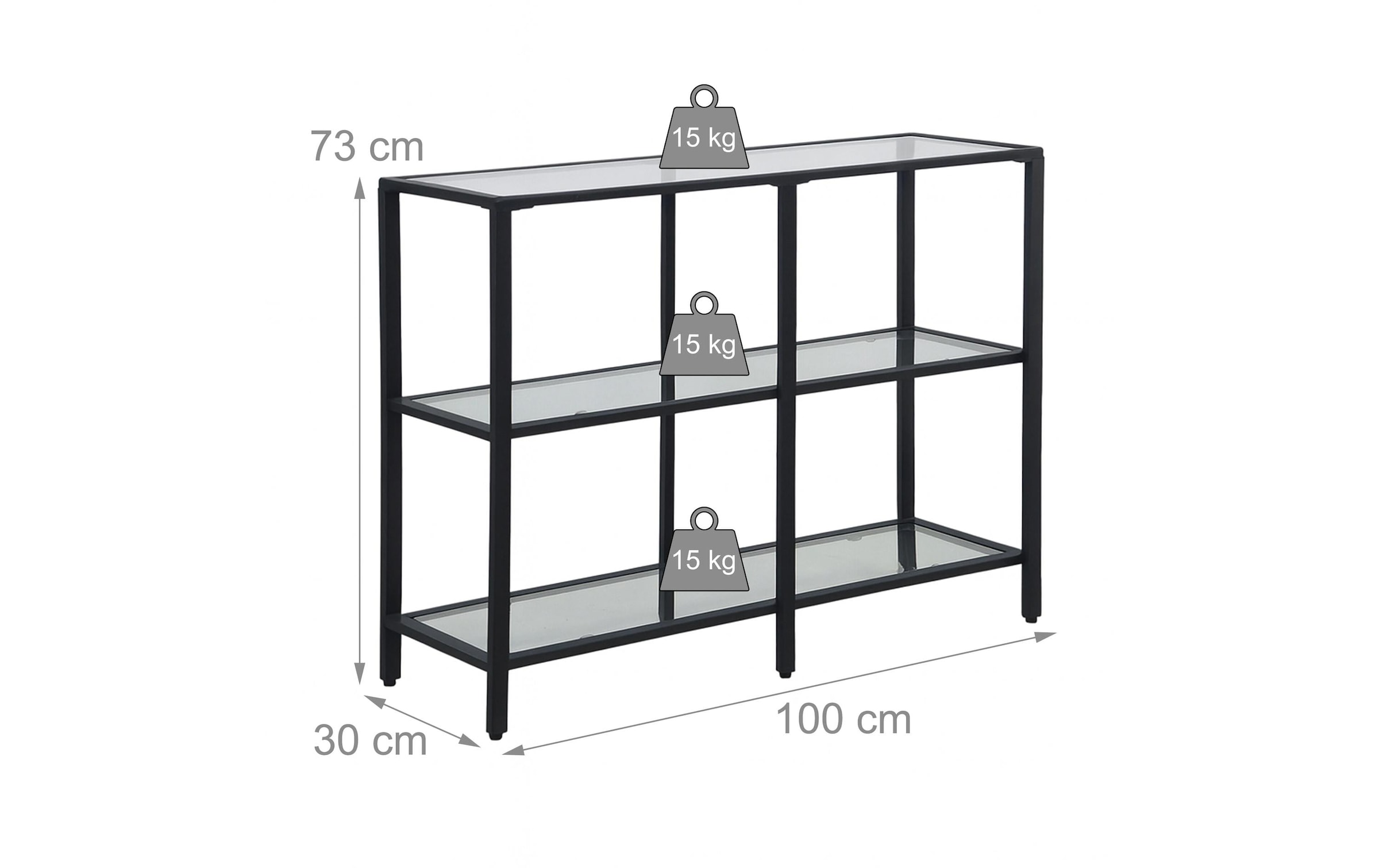 relaxdays Konsolentisch »73 x 100 x 30 cm« Eleganter Ablagetisch mit Glasregalen
