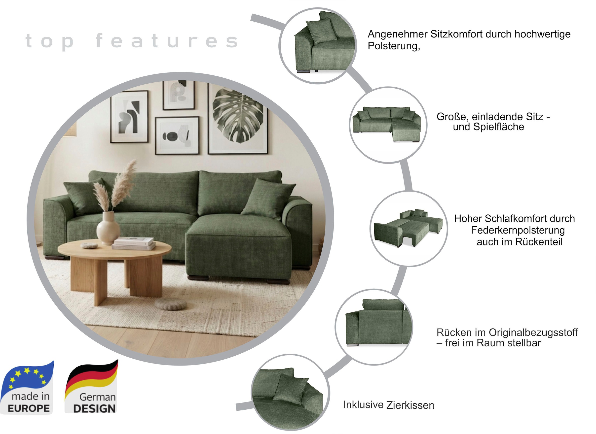 COLLECTION AB »Sara L-Form, B: 236 cm, Schlaffunktion, Bettkasten, optional Topper« Bonnellfederkern, Liegefl. 116x190 cm, Couch als Schlafsofa