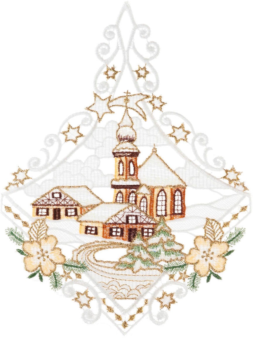 Image of W. Reuter & Sohn - Plauener Spitze Fensterbild "Kirche" Made in Germany