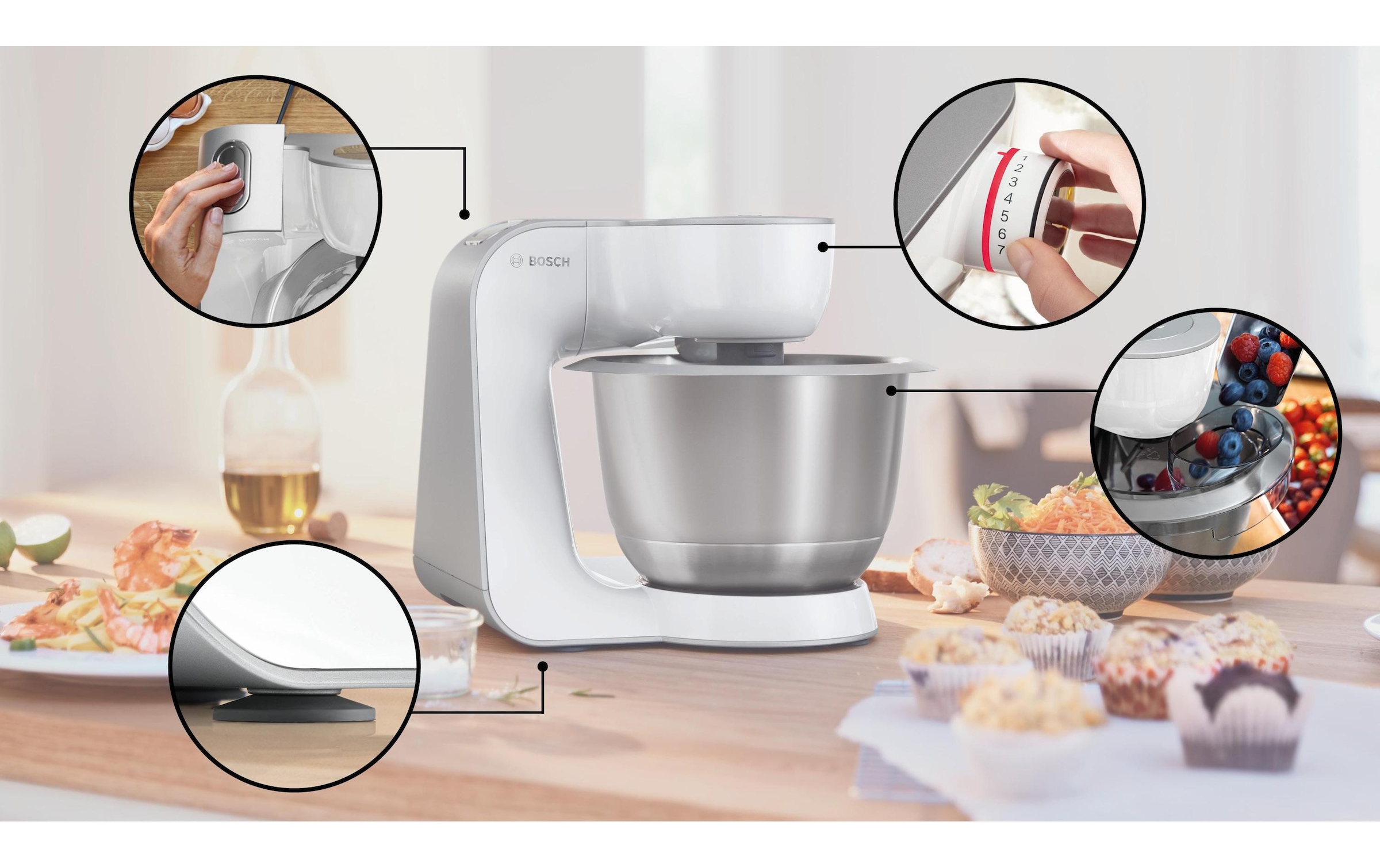 BOSCH Robot de cuisine »Serie 4 MUM58L20, Durchlaufschnitzler, Mixer, grau« 3 Scheiben, Schüssel, Knethaken/Rühr-/Silikonbesen, spülmaschinenfest