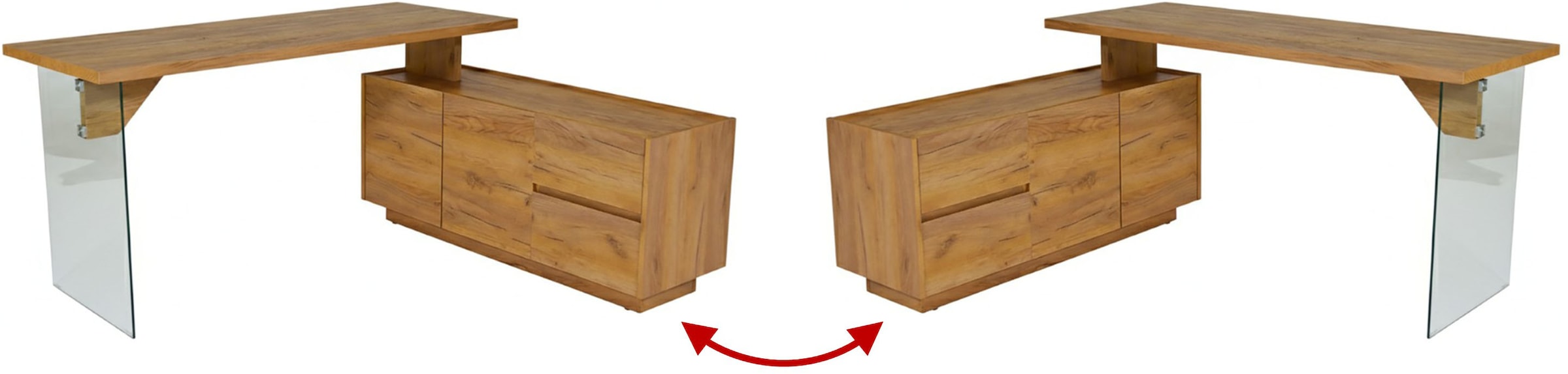 Jahnke Bureau d'angle »LUX C 160 E« bureau d'angle, montable des deux côtés, verre, 2 compartiments + 2 tiroirs