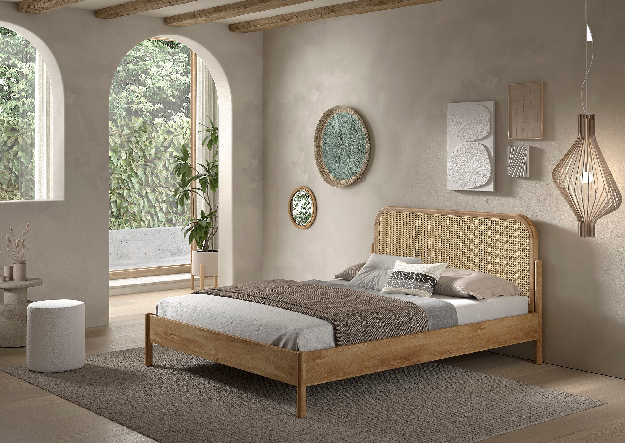 Vipack Bettgestell »Olive, Bettpfosten Eiche massiv und furnierten Bettseiten« mit hochwertigem Rattan-Geflecht Kopfteil, Rahmen Eiche massiv,  ohne Lattenrost, mit höhenverstellbarem Rahmenbeschlag, drei Breiten