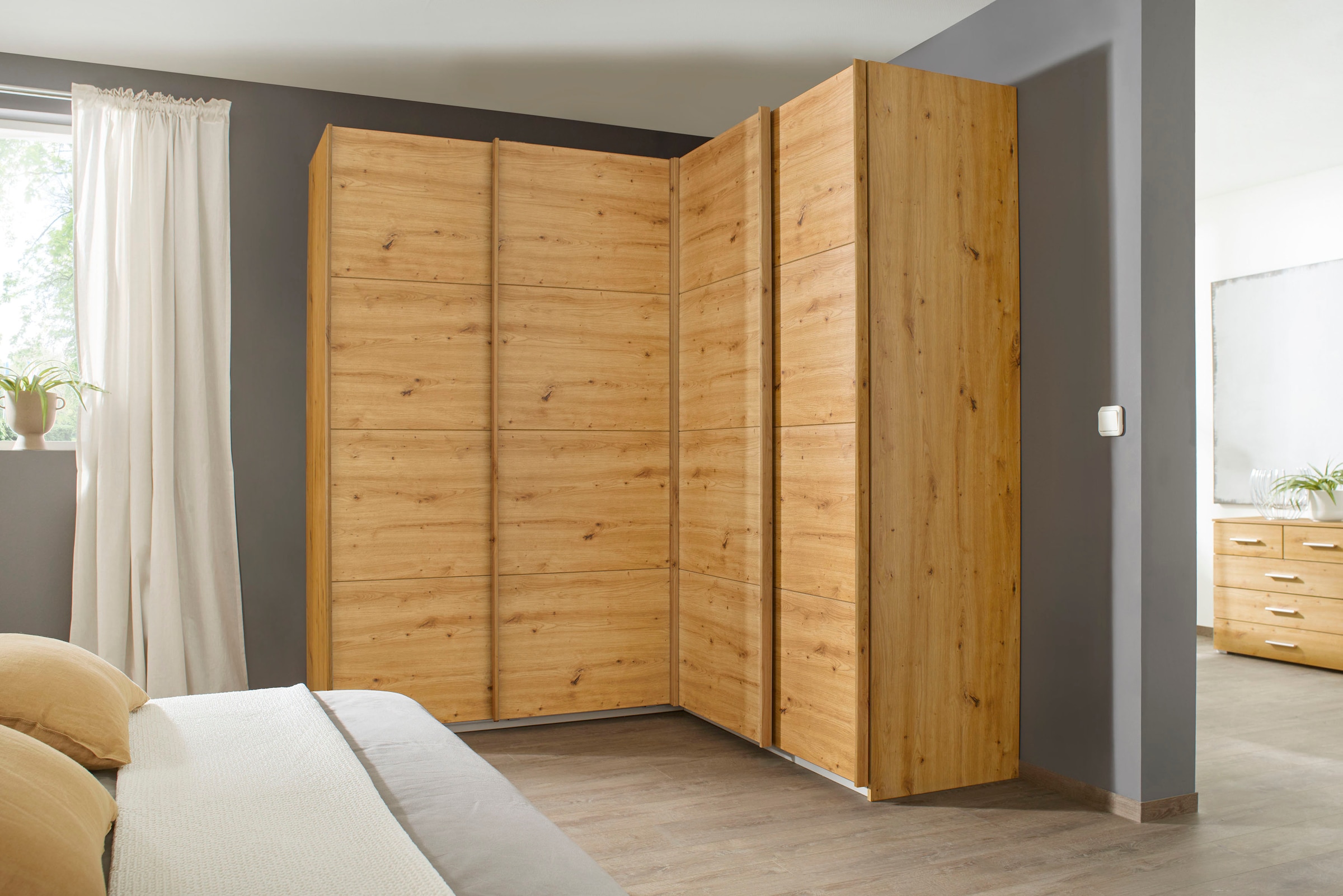 rauch Schwebetürenschrank »Schrank Garderobe Eckkleiderschrank QUADRA Front in Dekor/Hochglanz« Mass 181x187 cm, Höhen 210/229 cm, inkl. Soft-Close-Funktion,  extra grosser Eckschrank inkl. Schubladeneinsatz MADE IN GERMANY