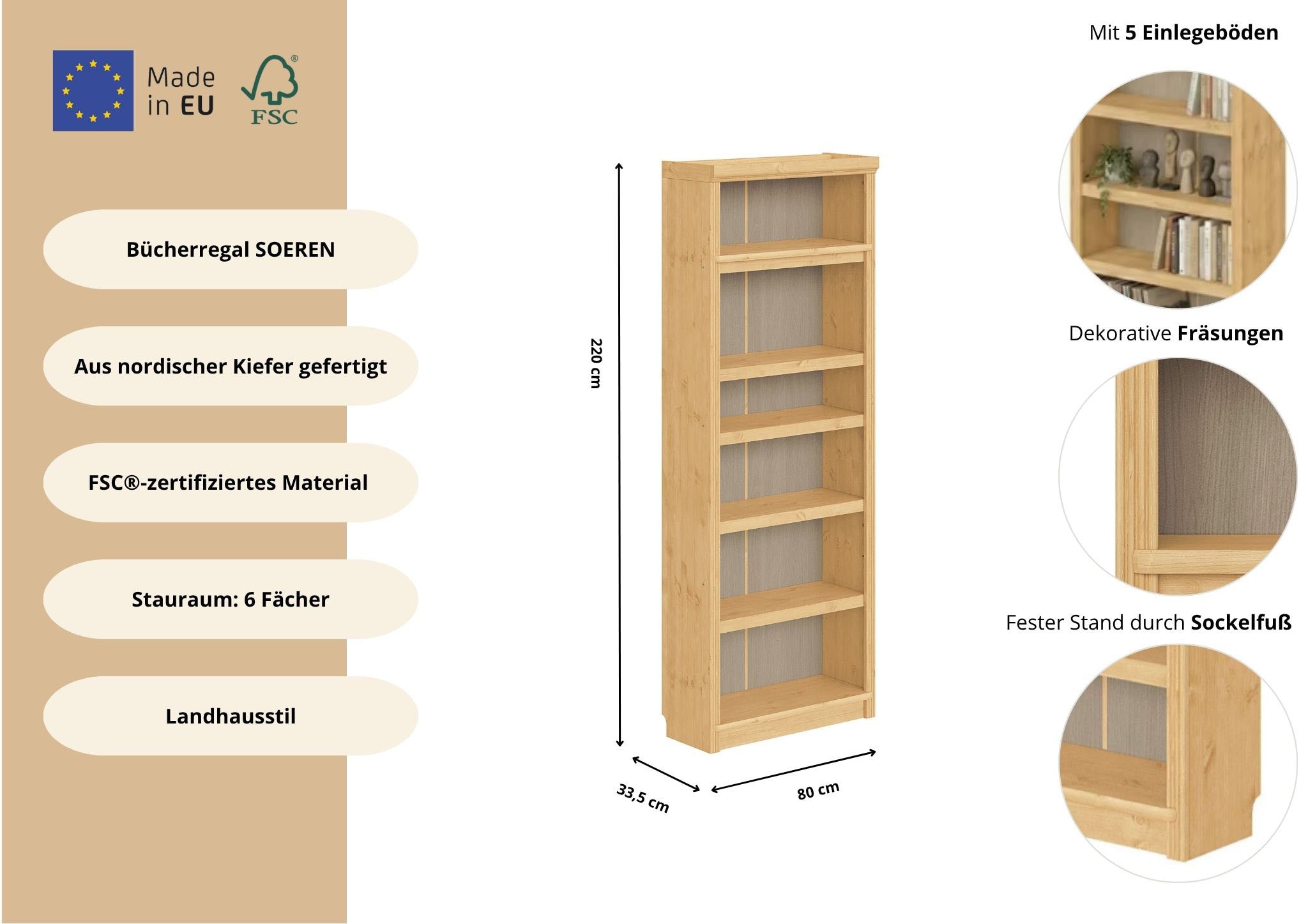 GOODproduct Étagère à livres »Soeren Regal B/T/H: 80/33,5/220 cm, mit 6 Fächern« bois massif de mélèze, certifié FSC®