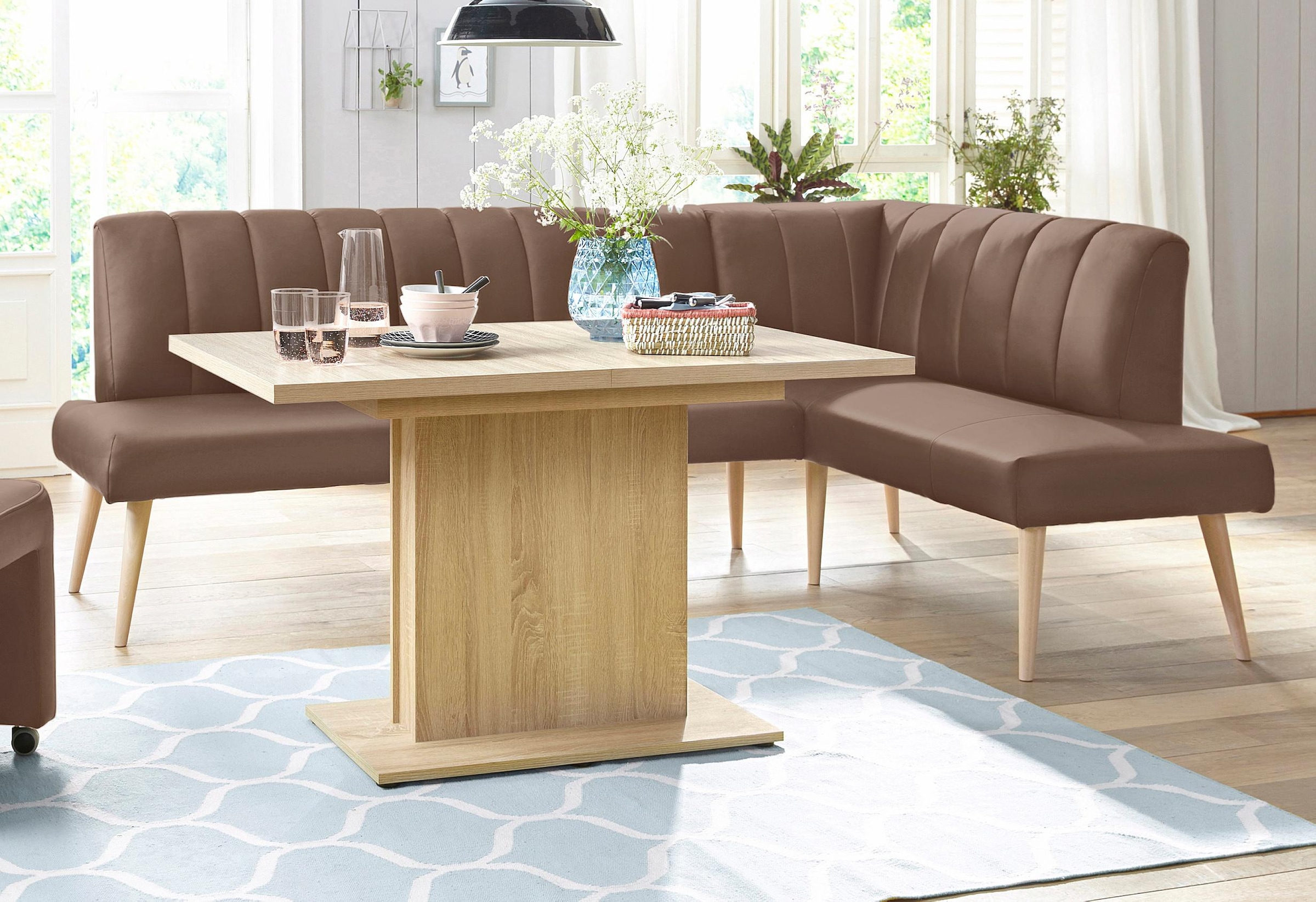 exxpo - sofa fashion Eckbank »Costa, moderne Rückensteppung, bequem und elegant, hoher Holzfuss«, hochwertig verarbeitet, Frei im Raum stellbar
