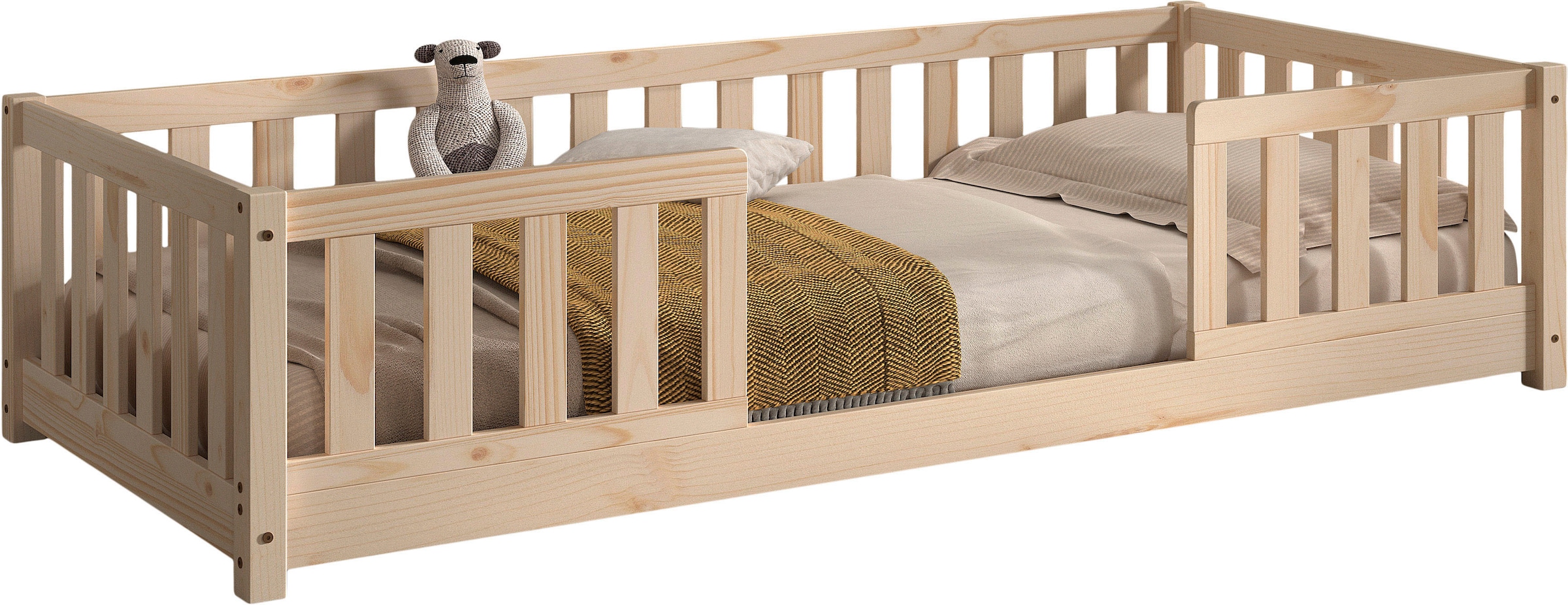 Vipack Kinderbett »Dallas, massiv Bett, Rausfallschutz, umbaubar vom Boden- zum Daybett« inkl. Rolllattenrost und Sprossenumrandung, 90 oder 140x200 cm breit,  stabil und standfest gebaut, wahlweise Kiefer massiv natur oder weiss