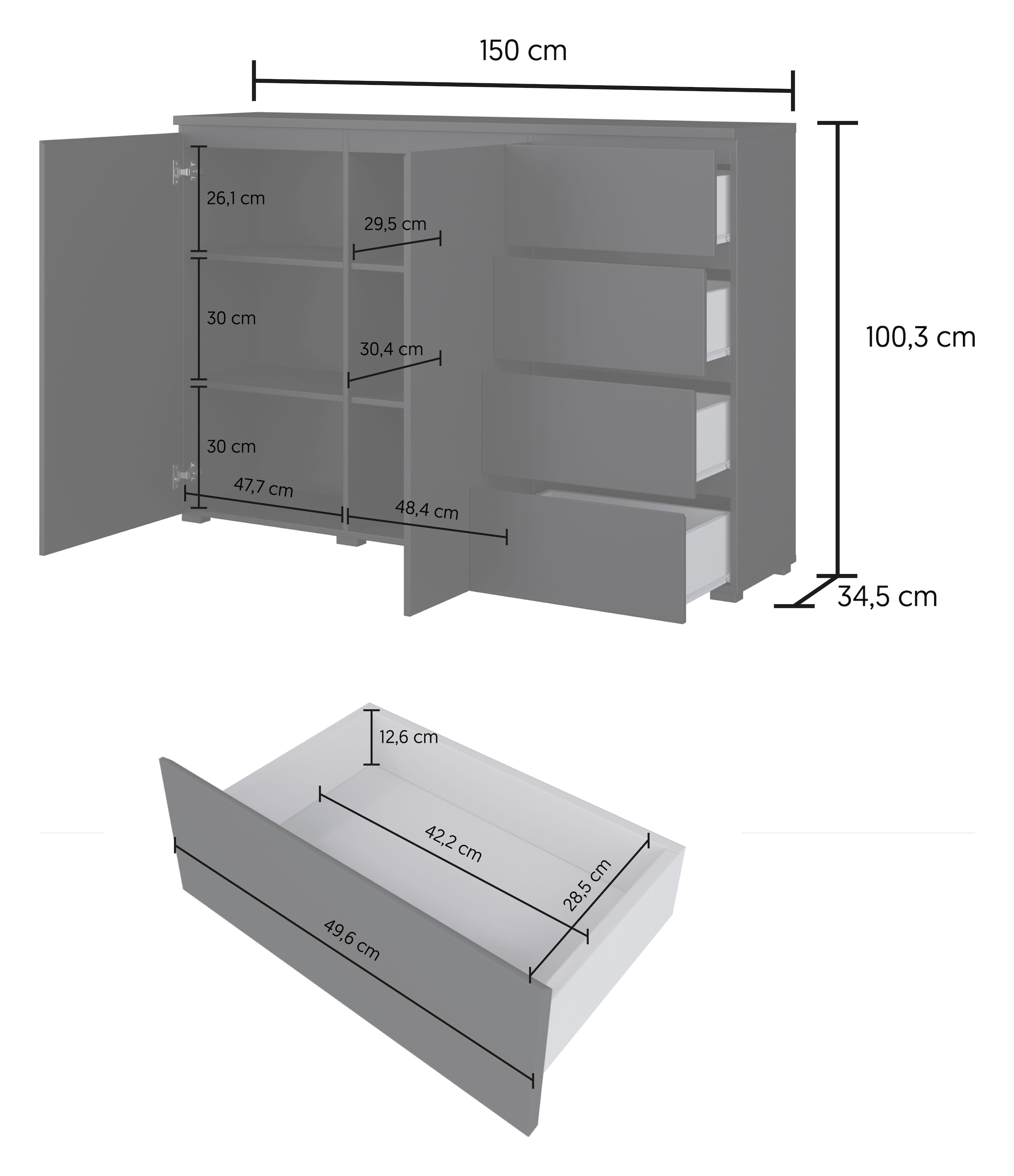 GOODproduct Highboard »Modo, Breite 150 cm, moderne grifflose Kommode 2Türen/4 SK« Schubladenkommode mit viel Stauraum, Einlegeböden verstellbar