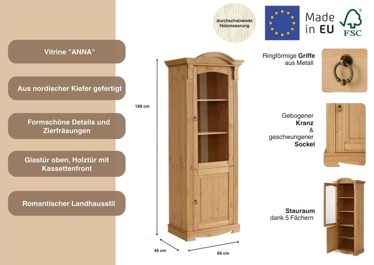 Home affaire Vitrine »Anna«, (Gesamtmasse (B/T/H): ca. 66/46/188 cm), mit Glastür, Höhe 188 cm, Massivholz, mit Zierfräsungen, FSC®