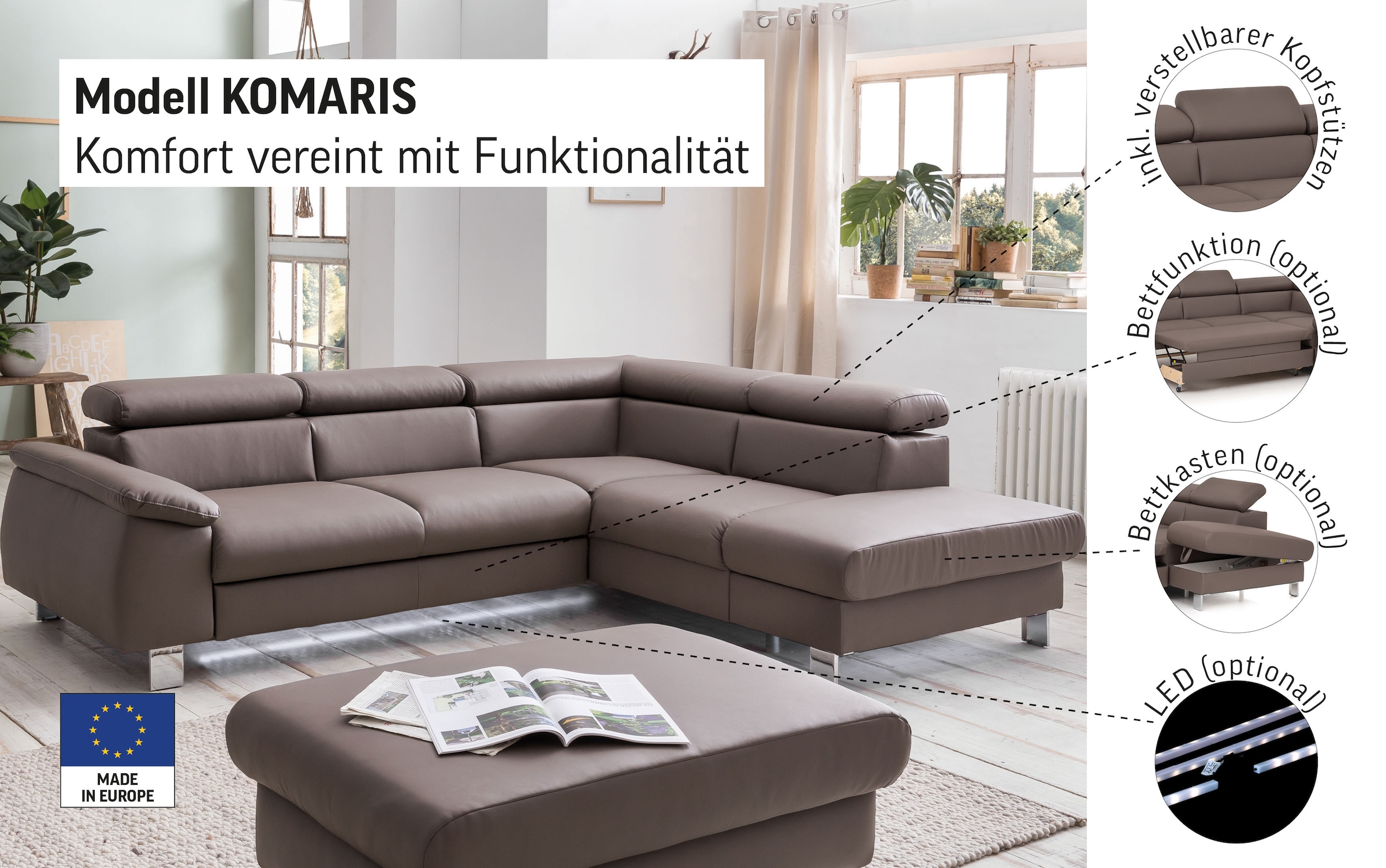 COTTA Canapé d'angle »Komaris L-Form, B: 249 cm« avec réglage de la tête, fonction couchage optionnelle, coffre-lit & lumière