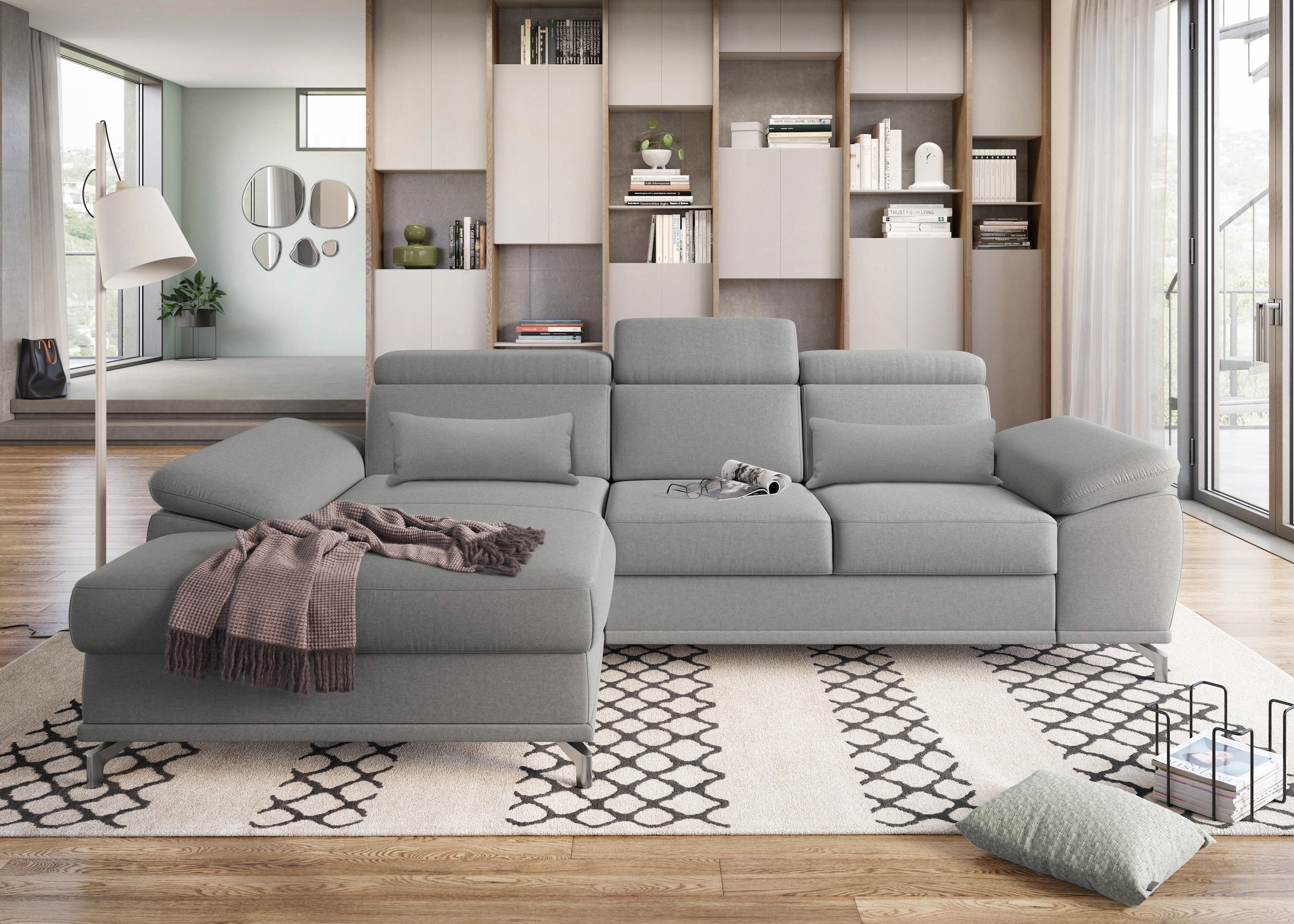 sit&more Ecksofa »Cabrio L-Form, B: 295 cm, mit Sitztiefen-, Arm- & Kopfteilverstellung« 2 Nierenkissen, Federkern, optional Bettfunktion und Stauraum