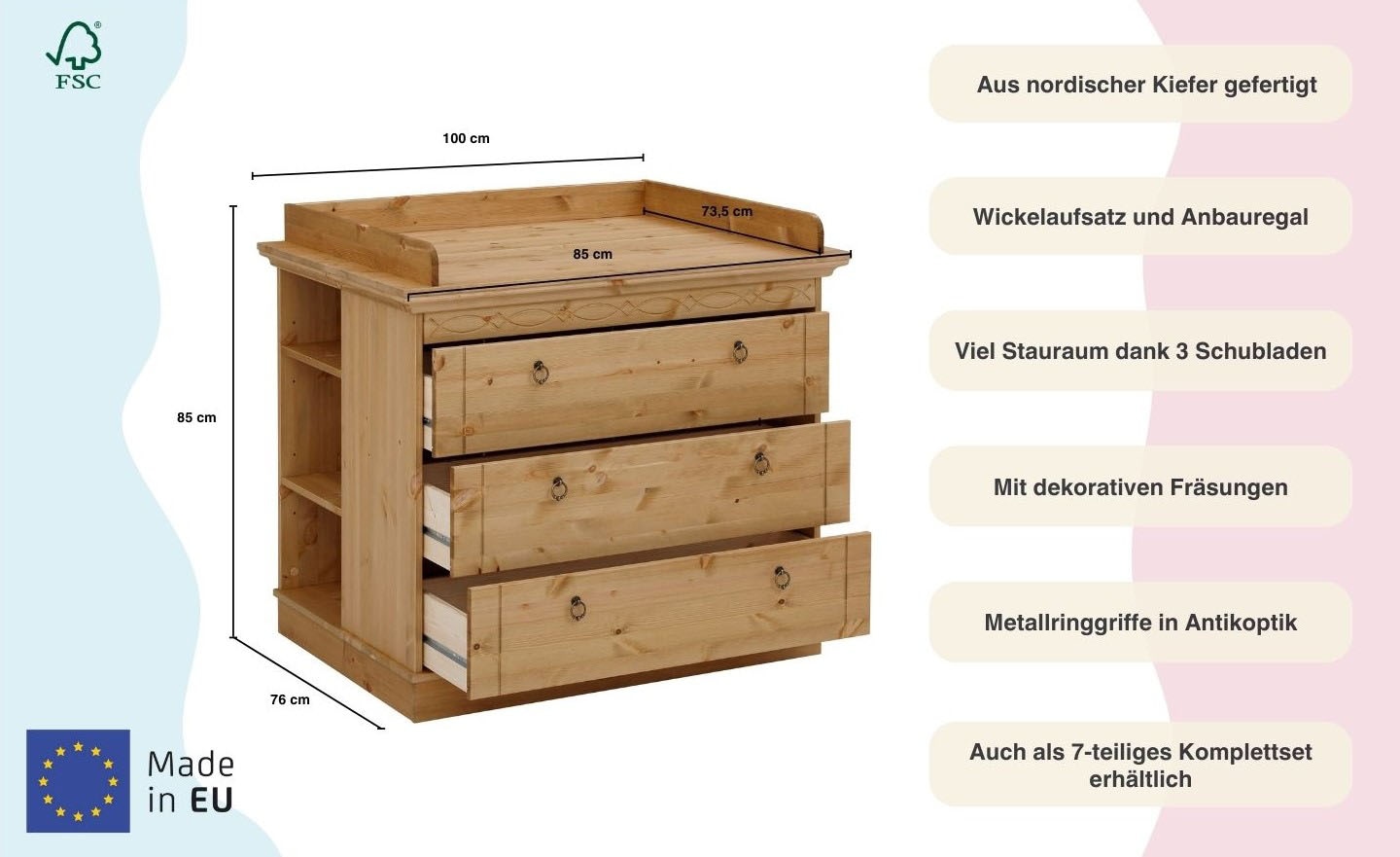 Lüttenhütt Wickelkommode »Indra, Landhausstil, viel Stauraum«, FSC® zertifiziertes Massivholz, inklusive Unterbauregal und Aufsatz, 100 cm