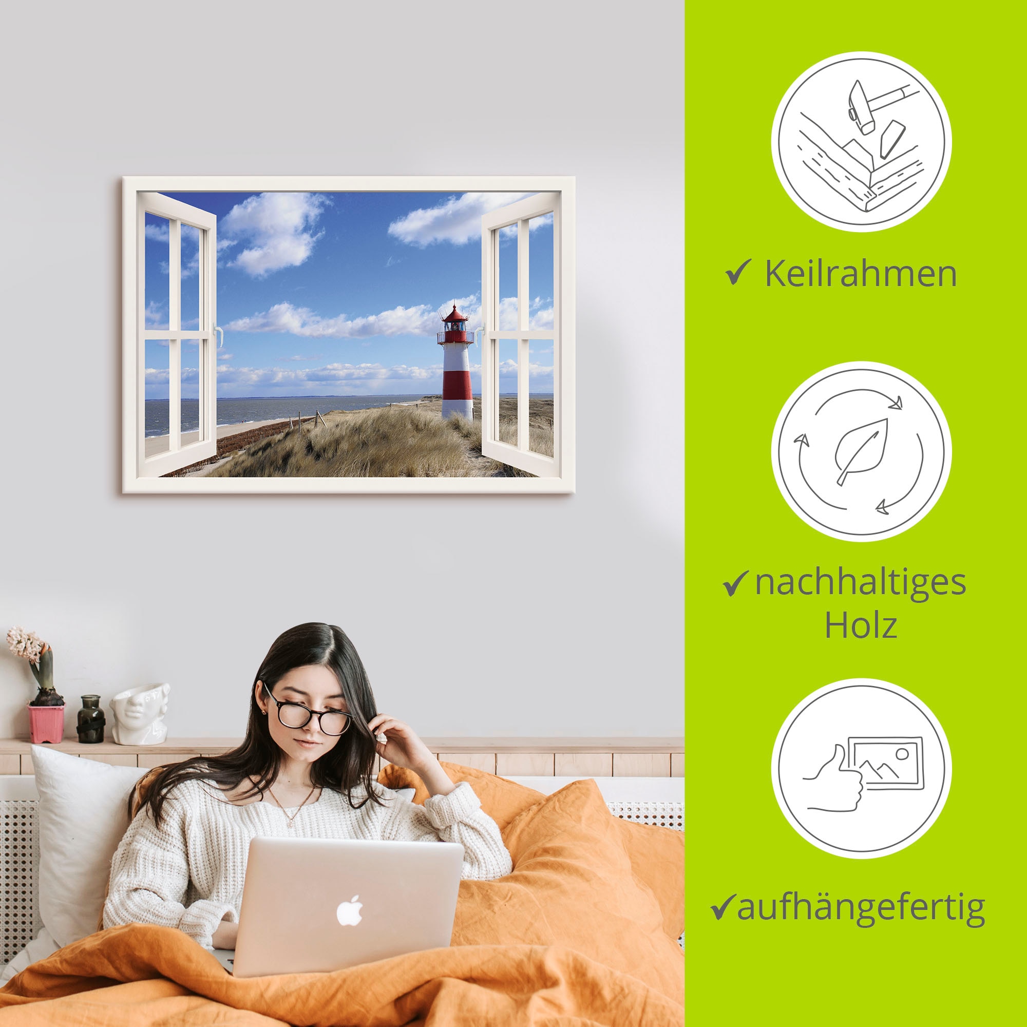 Artland Wandbild »Fensterblick - Leuchtturm Sylt«, Fensterblick, (1 St.), als Leinwandbild, Poster, Wandaufkleber in verschied. Grössen