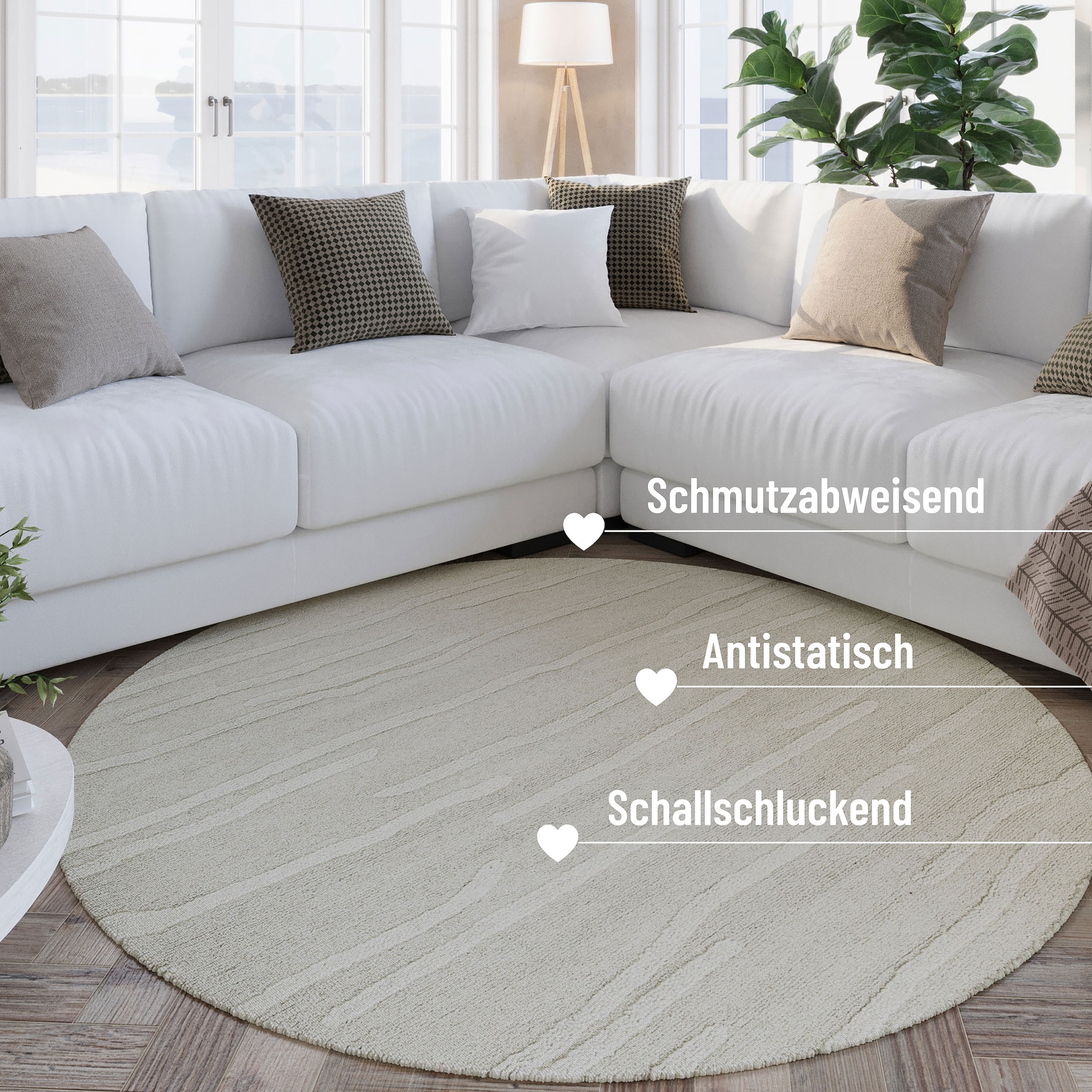Wecon home Tapis en laine »Hamptons TWENTY« Rond 15 mm Höhe Schurwolle, Kurzflor, Wohn- & Schlafzimmer, elegant, Streifen-Muster