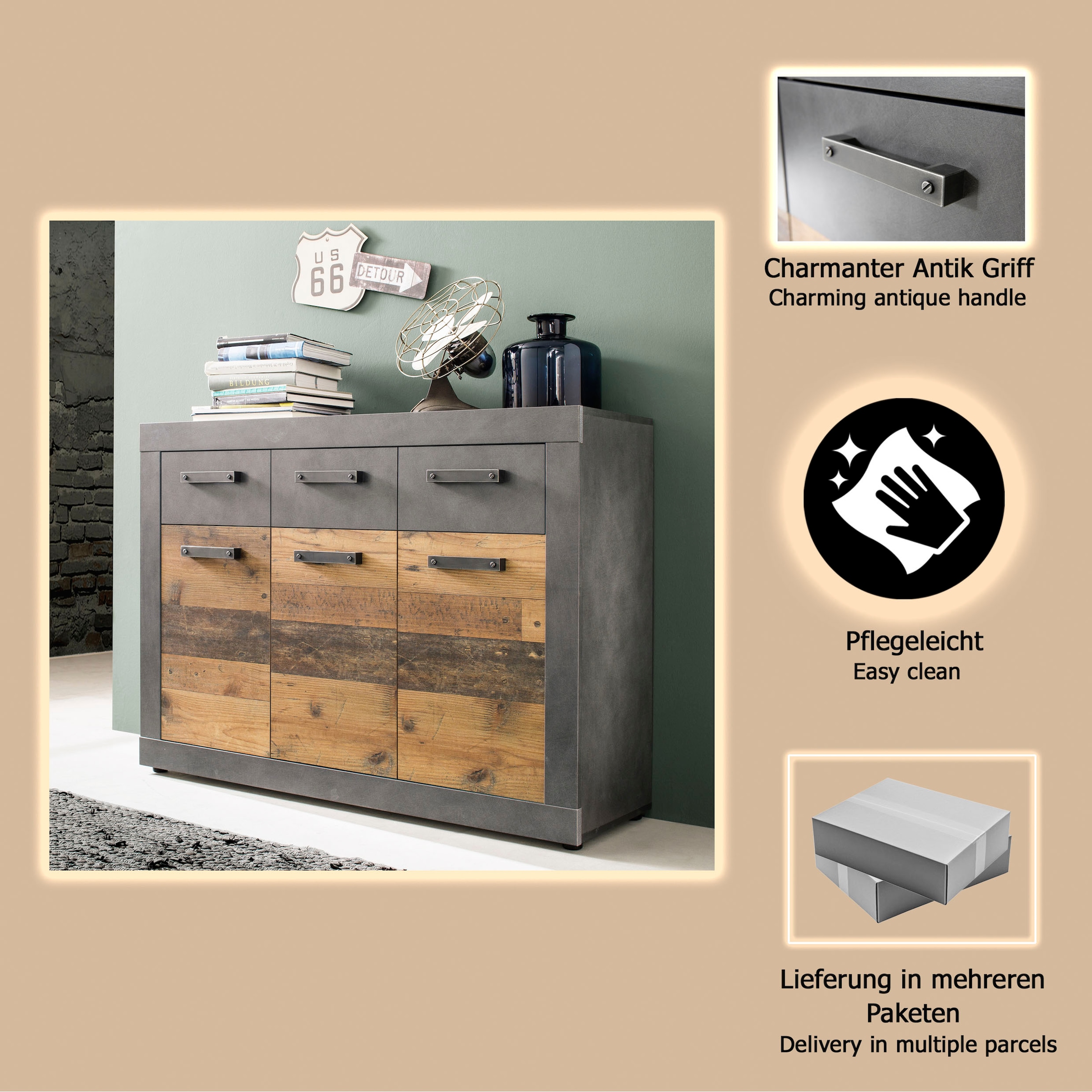 INOSIGN Kommode »Ilana«, Kommode mit 3 Türen & 3 Schubladen - (B/T/H) 117/37/86 cm