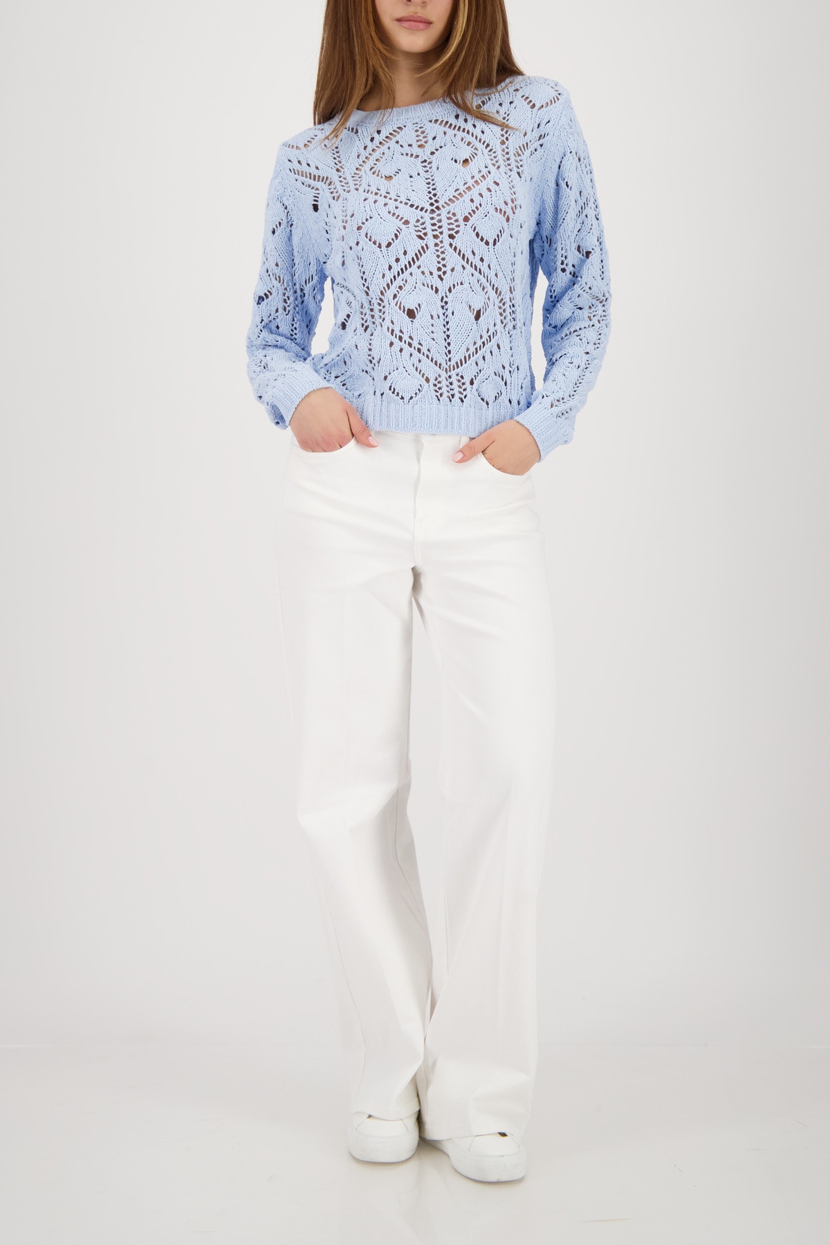 Monari Pull en tricot »Ajour« Rundhalsausschnitt, Chenillegarn, Leicht überschnittene Schultern