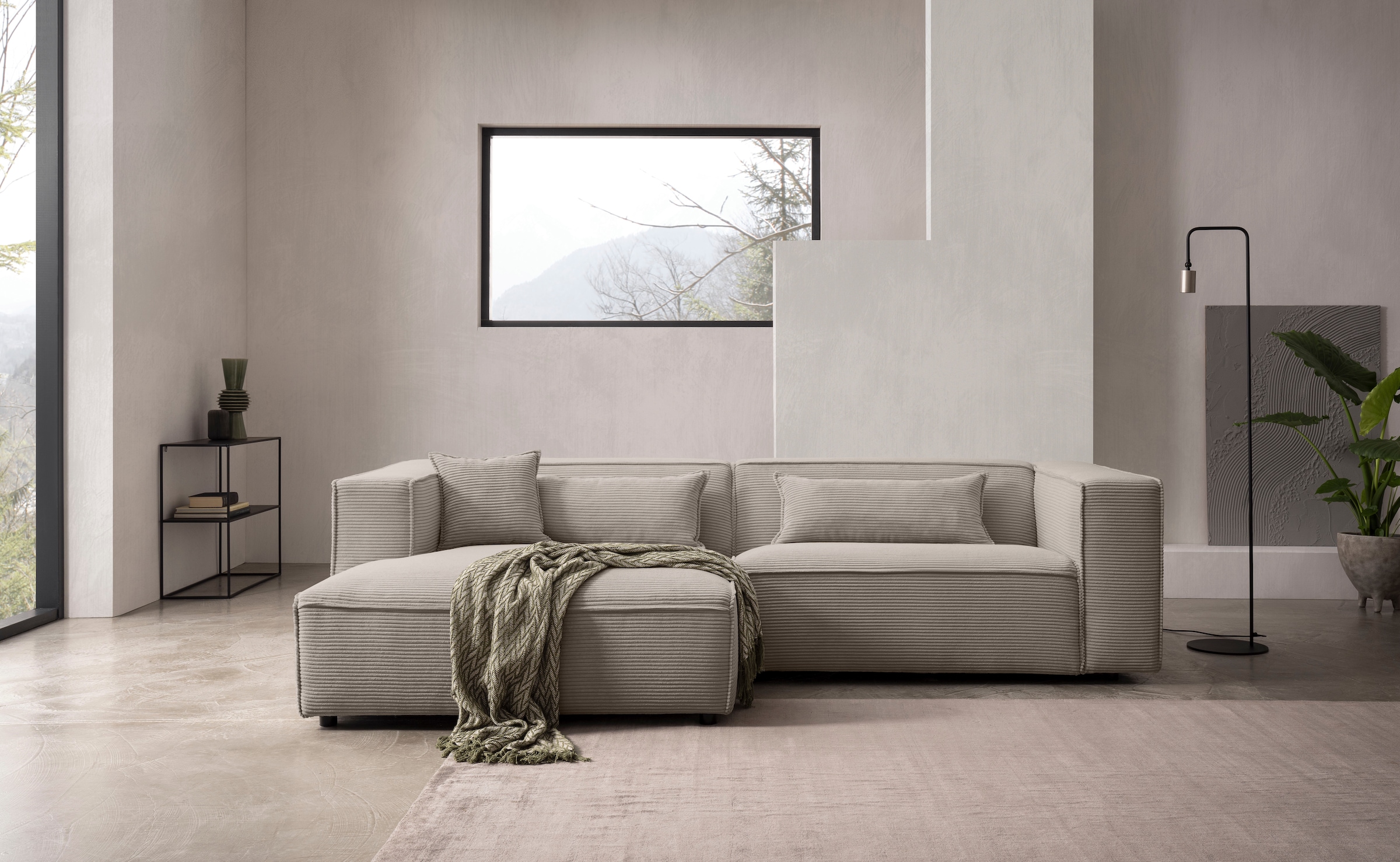 LeGer Home by Lena Gercke Ecksofa »PIARA mit Kedernaht, Cord, Leinenoptik o. Strukturstoff, Couch, L-Form«, wahlweise Ottomane rechts/links, schwarze Füsse, bequemer Sitzkomfort
