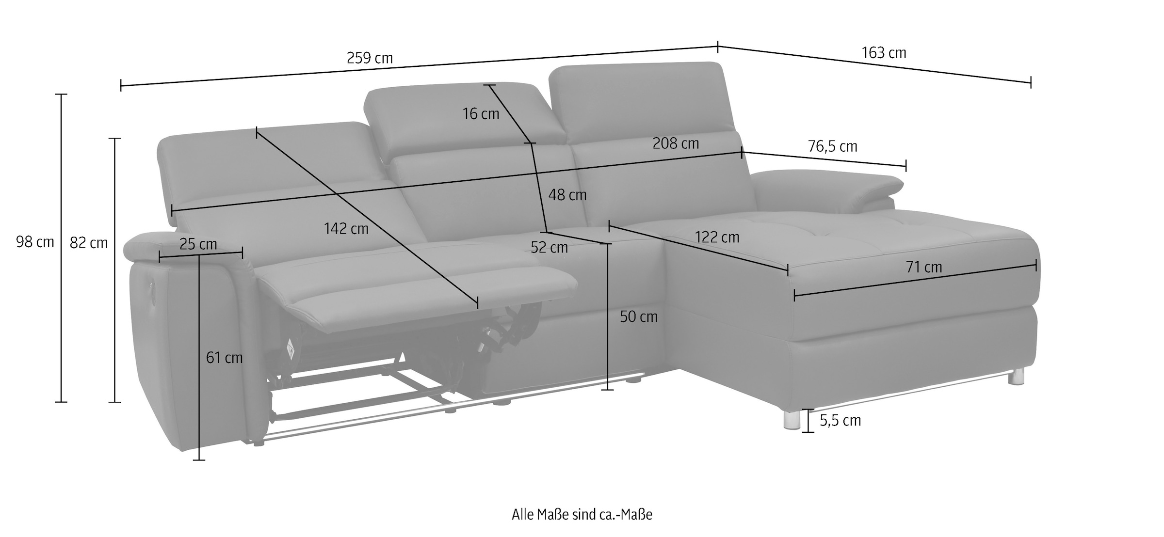 GOODproduct Ecksofa »Pareli, L-Form, 259cm,m. Recamiere, Echtleder, Kunstleder, Webstoff« man. o. elektr. Relaxfunktion, USB/Kopfteilverstellg u. LED