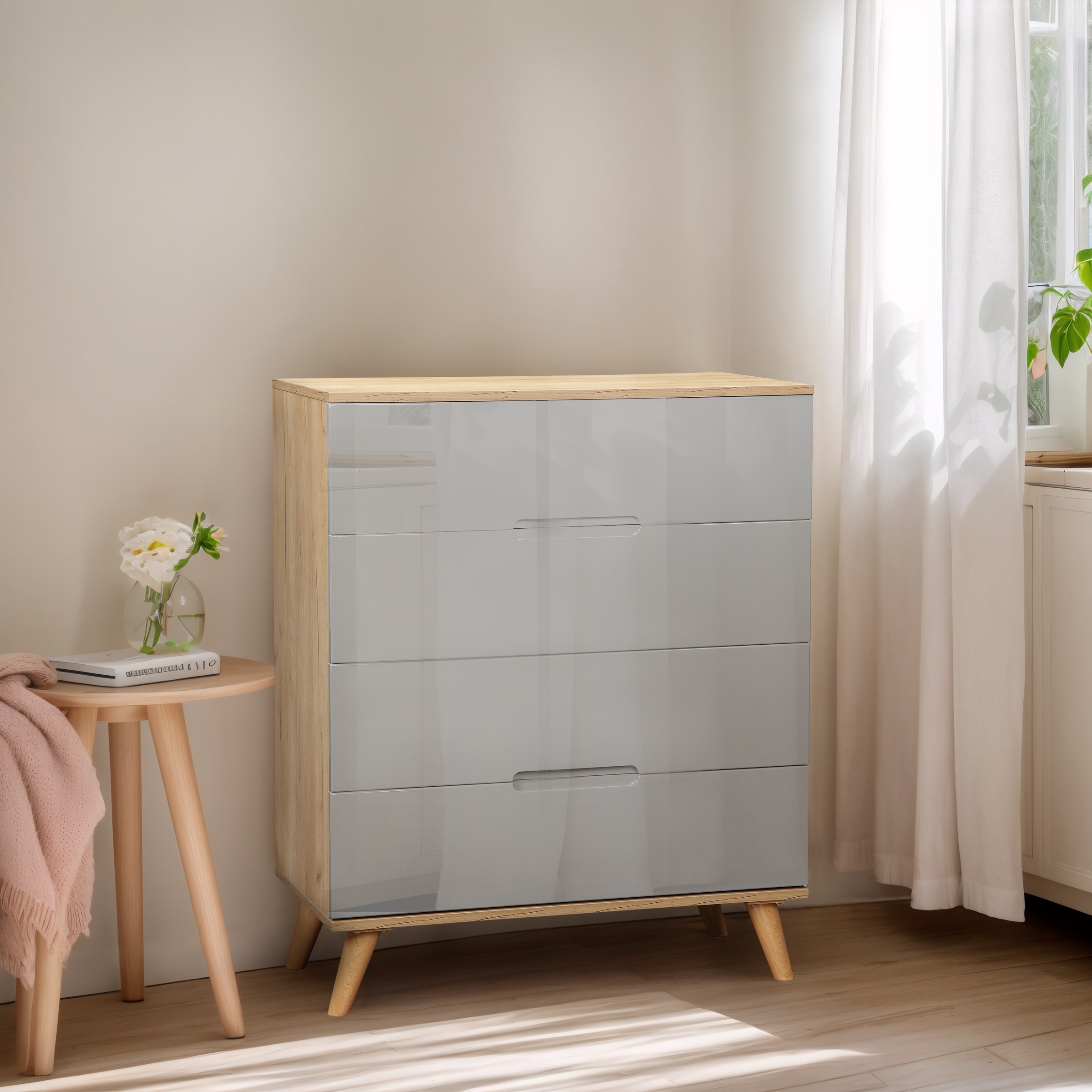 Image of GOODproduct Schubkastenkommode "Lund Schlafzimmerschrank Wäscheschrank mit hochglänzenden Fronten" Kommode mit 4 Schubladen für viel Stauraum, Schlafzimmerkommode Bestseller im skandinavischem Design