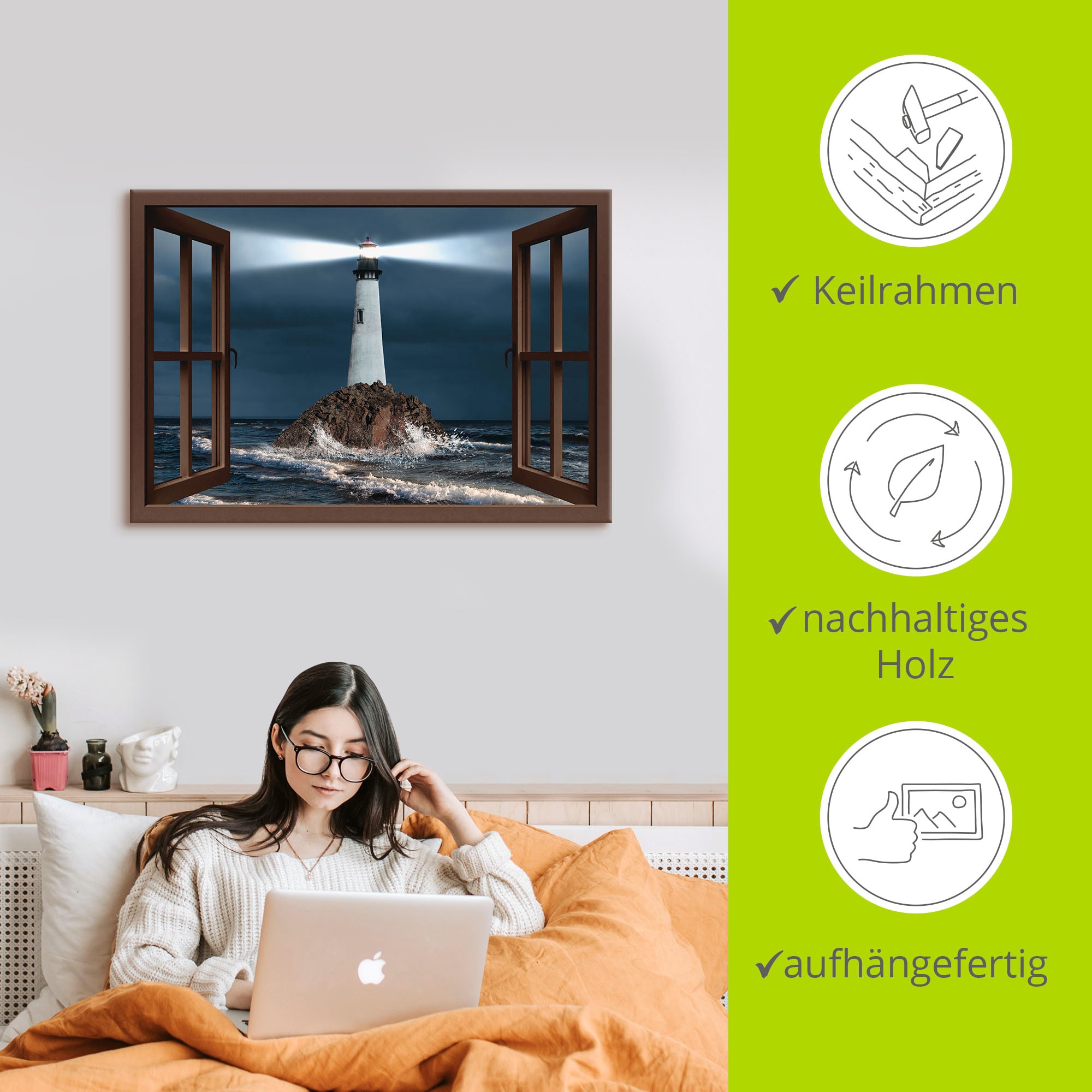 Artland Leinwandbild »Fensterblick Leuchtturm mit Lichtstrahl« Gebäude 1 Stk. tlg. als Leinwandbild, Wandaufkleber in verschied. Grössen