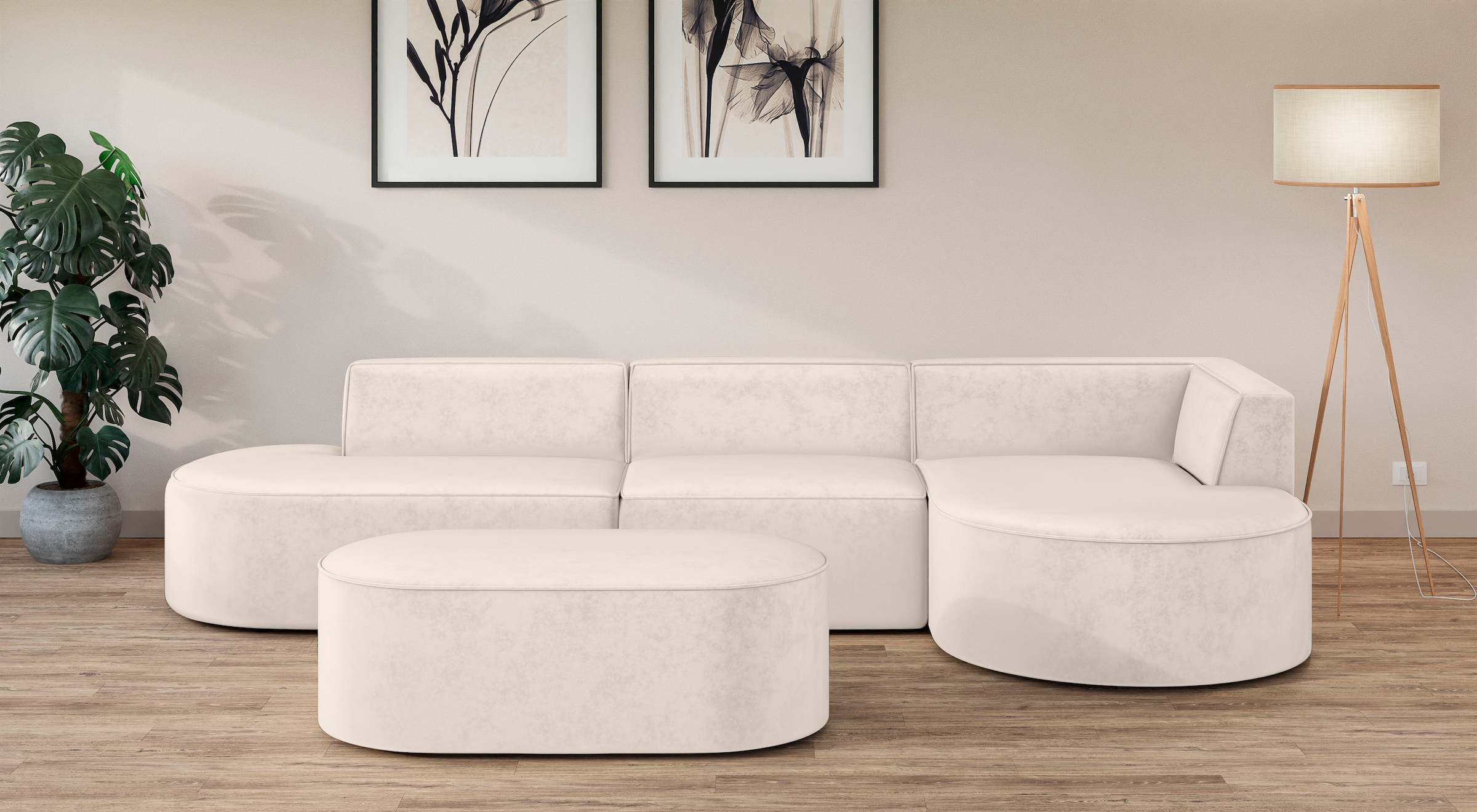 andas Ecksofa »EIVIND Designer Sofa mit Ottomane rechts/links, B/T/H: 343/159/72 cm«, L-Form mit Wellenunterfederung, auch in Feincord und Bouclé