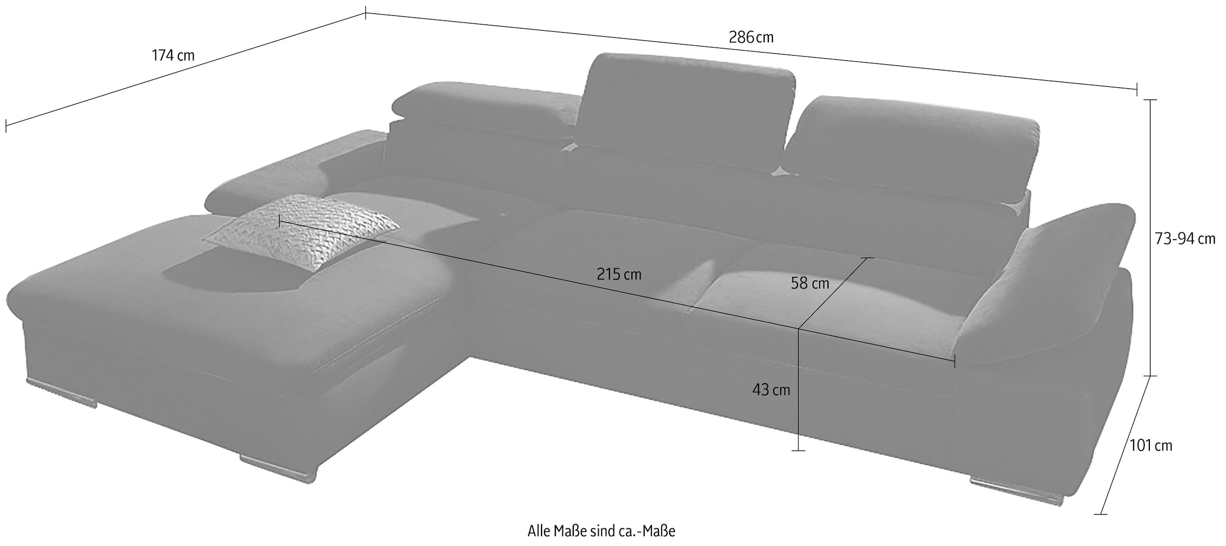 sit&more Ecksofa »Valantine L-Form, B: 286 cm« mit Arm- & Kopfteilverstellung, optional mit Bettfunktion