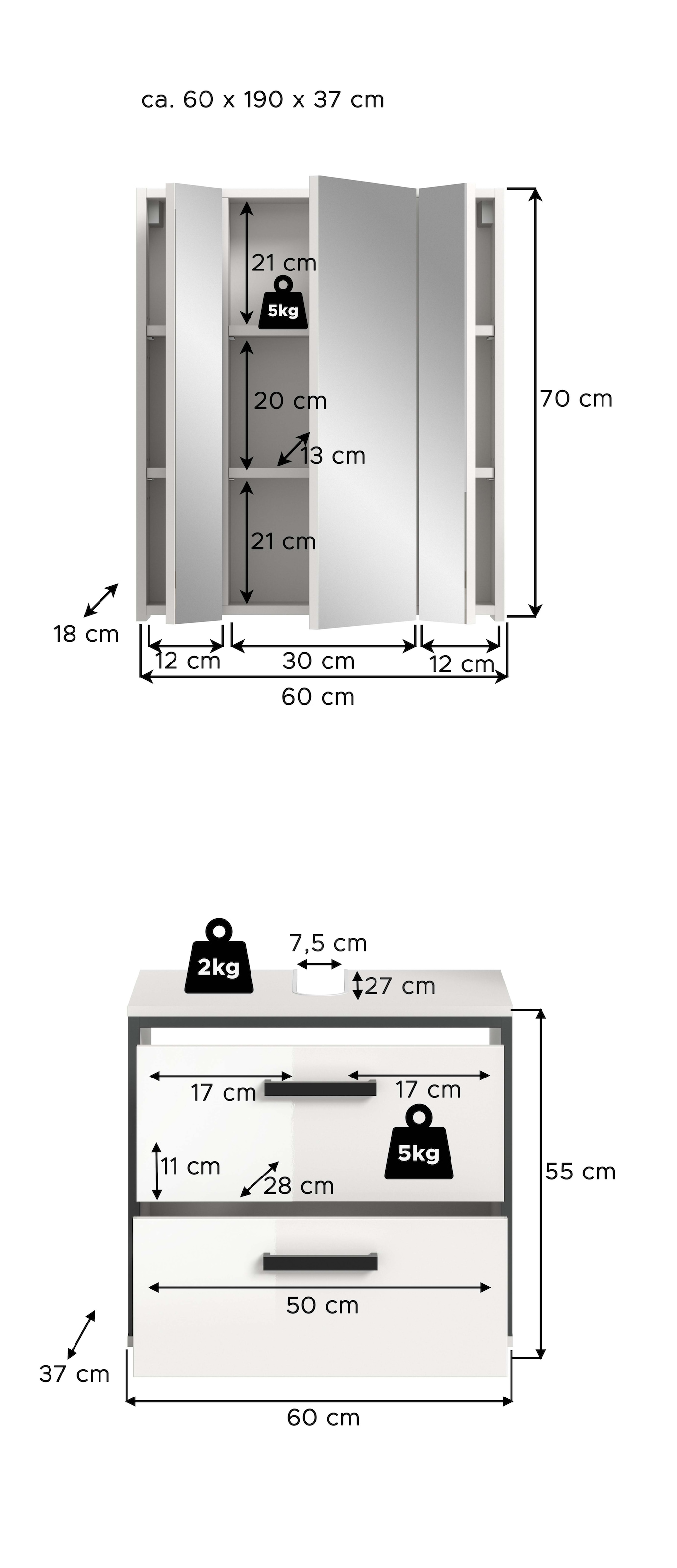 welltime Ensemble de meubles de salle de bain »KAJO, 2-tlg. Badkombination, weiss hochglanz,« Set, Set, best. aus: 1 Waschbeckenunterschrank, 1 Spiegelschrank, 2 cuis tlg.