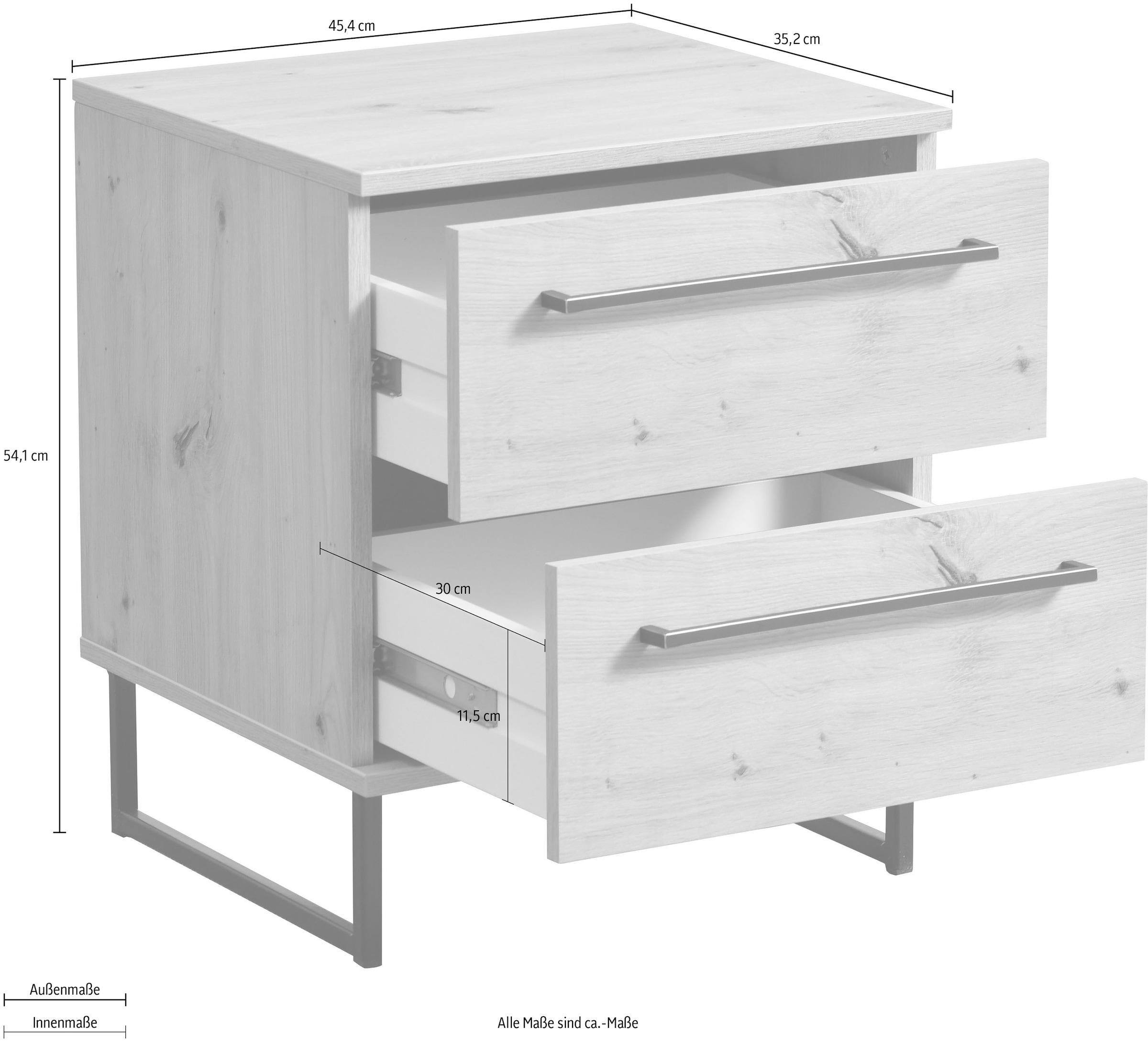 INOSIGN Nachtkommode »Sardinia, Nachtschrank, Masse (B/T/H): 45,5/35/54 cm«, (FSC-zertifizierter Holzwerkstoff), mit 2 Schubladen, Metallgriffe und Metallfüsse in Kufenform
