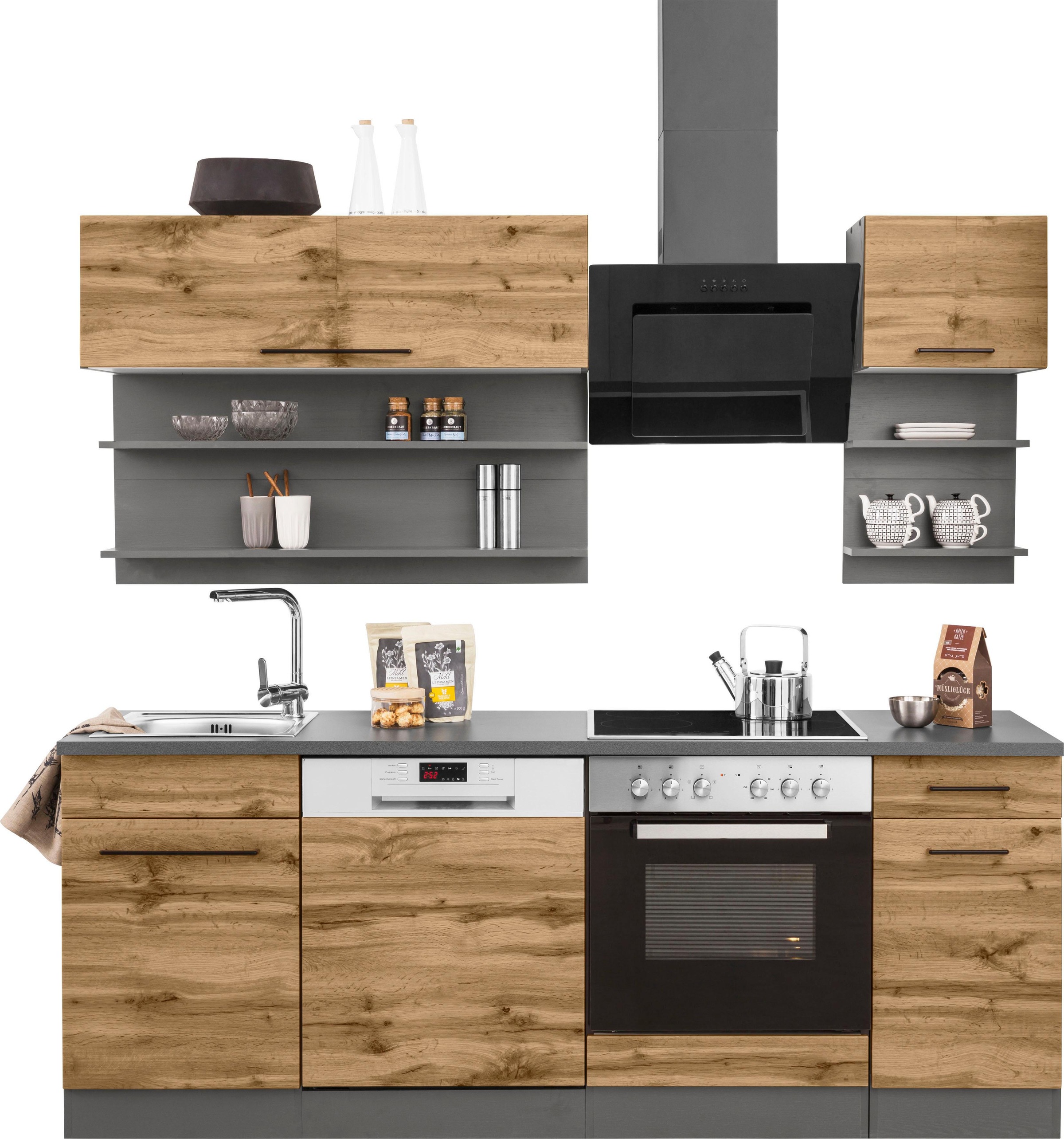 KOCHSTATION Küchenzeile "KS-Tulsa" ohne E-Geräte, Breite 210 cm, schwarze Metallgriffe, MDF Fronten