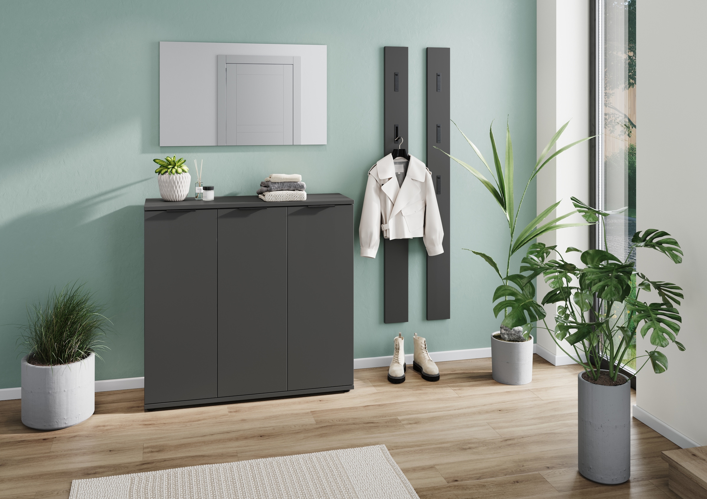 GERMANIA Garderoben-Set »Stanton«, (3 St.), Garderoben-Set bestehend aus 1 Schuhschrank, 1 Spiegel und 1 Paneel