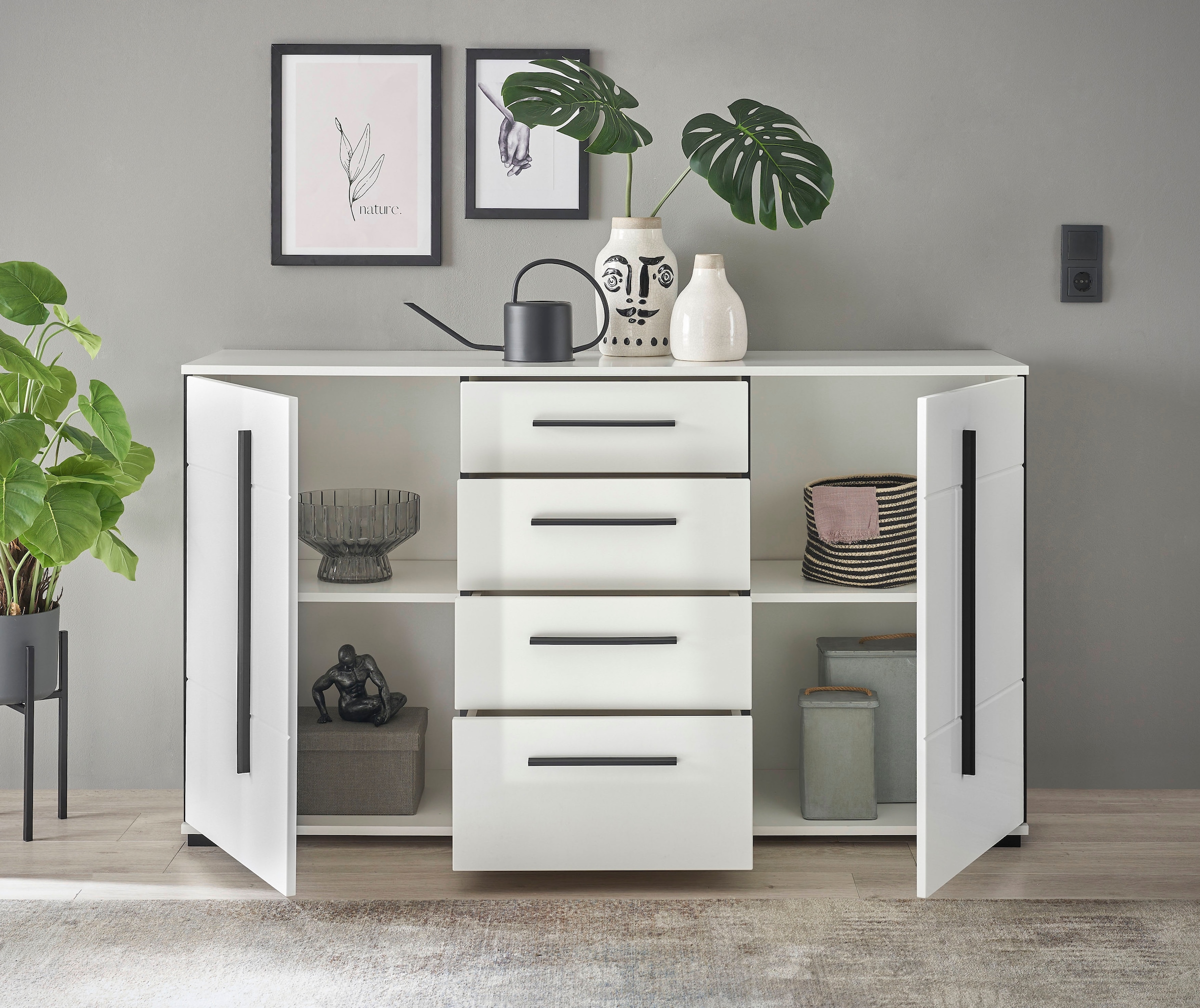 INOSIGN Sideboard »Cantara, moderner Schrank, Kommode in Eiche Evoke oder weiss«, schwarze Stangengriffe, ausreichend Stauraum, vielseitig einsetzbar