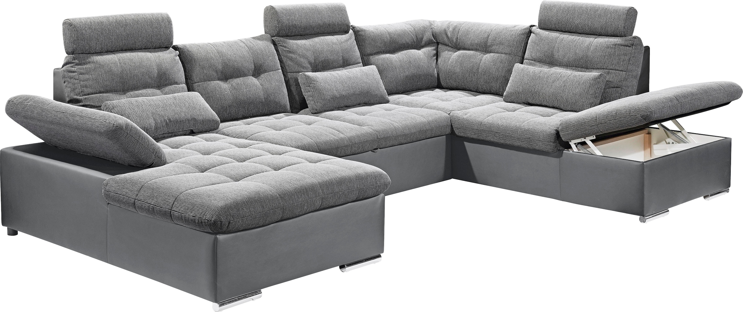 ED EXCITING DESIGN Wohnlandschaft »Jakarta U-Form mit Bettfunktion, Bettkasten« Armteilverstellung, Kopfstützen & 3 Nierenkissen