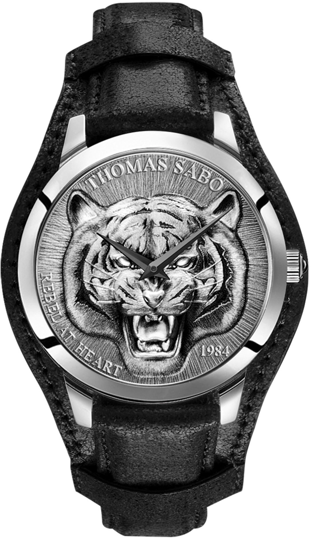 Image of THOMAS SABO Quarzuhr »Rebel Tiger 3D schwarz-silberfarben, WA0367-203-201-42 mm«, (Set, 2 tlg., mit abnehmbarem Lederband) bei Ackermann Versand Schweiz