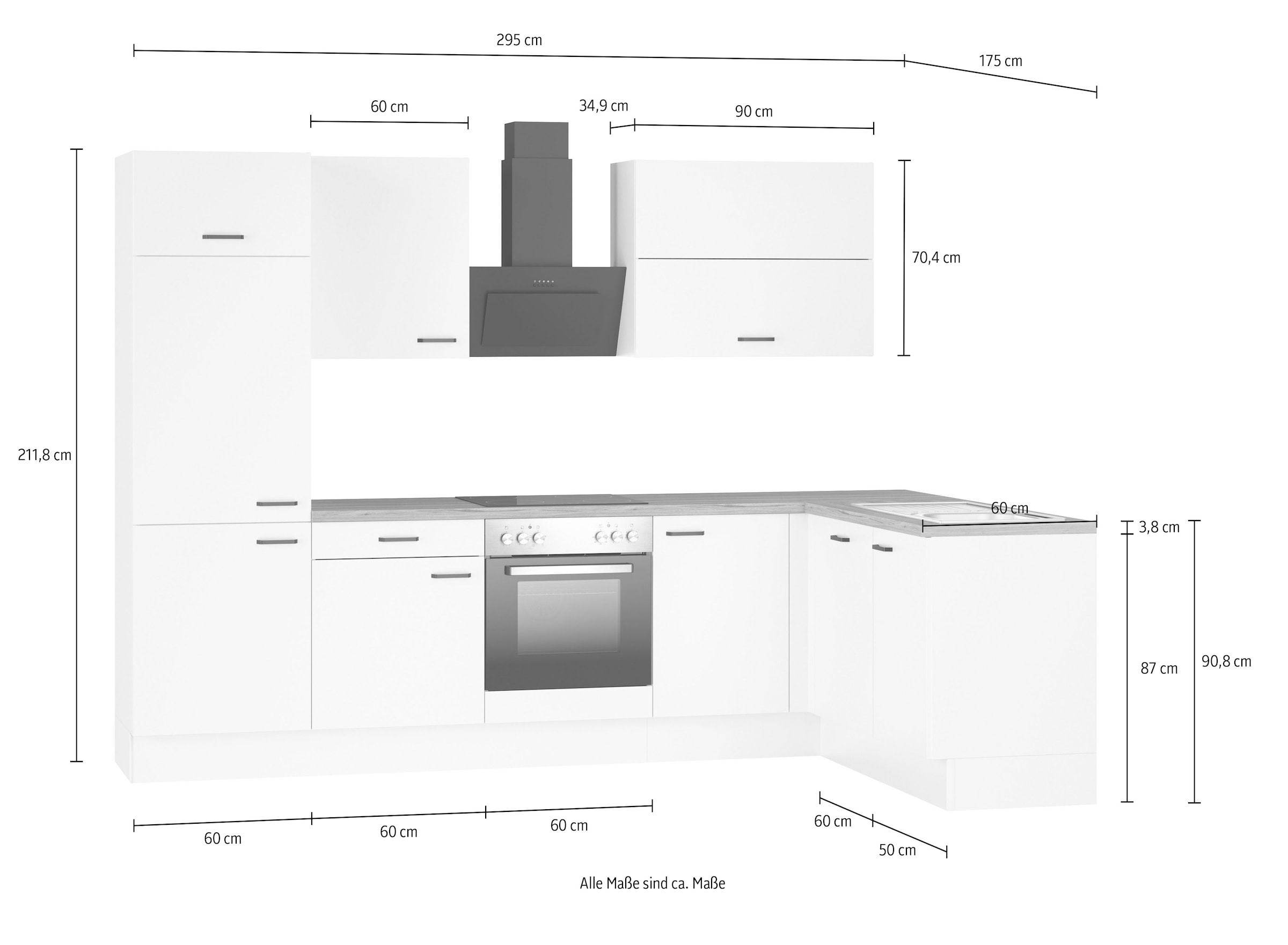 KOCHSTATION Cuisine d'angle »KS-Paula, Stellmasse rechts B/T 295/175 cm, links B/T 175/295 cm« Wahlweise Spüle rechts oder links, mit und ohne E-Geräte