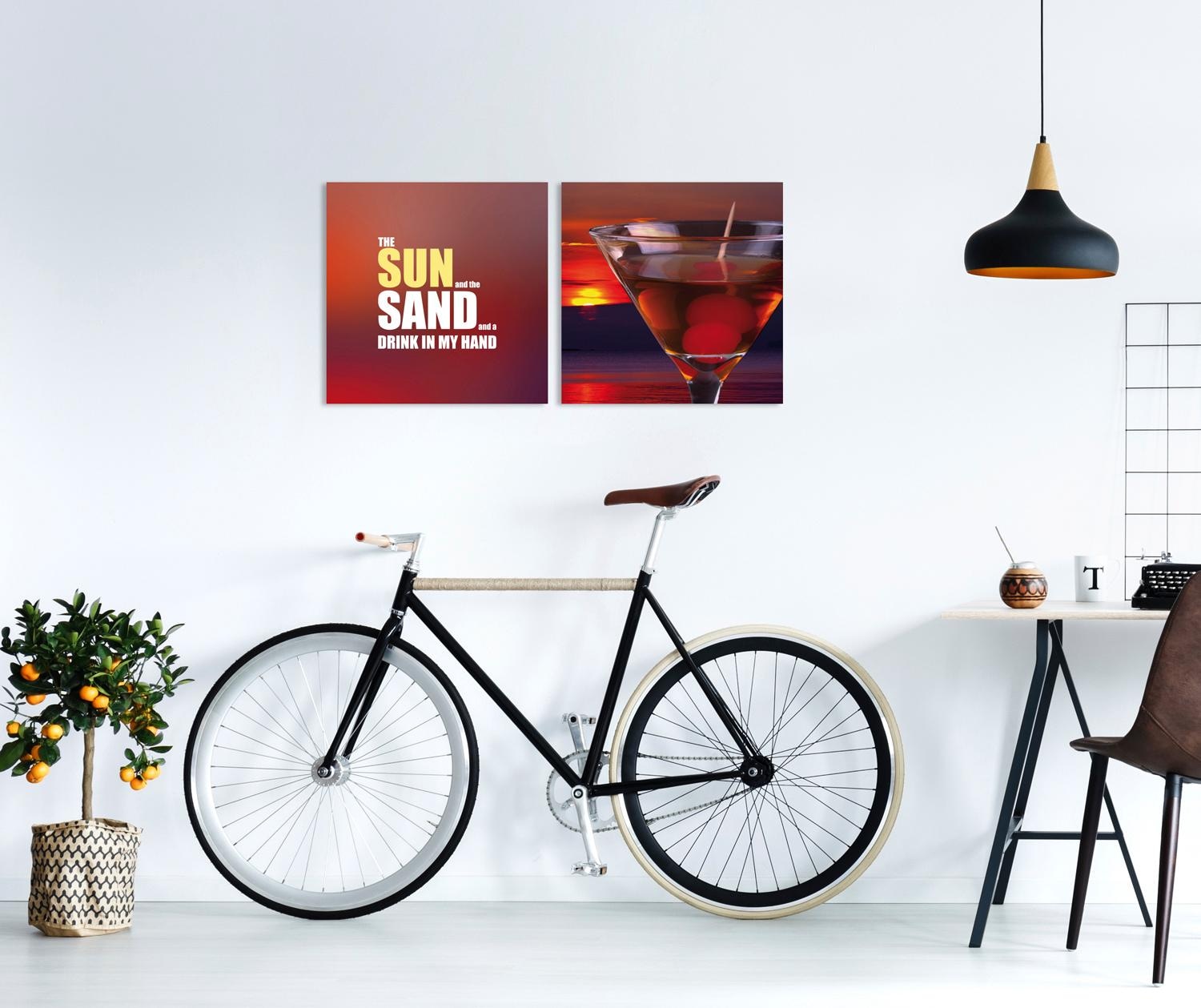 queence Tableau sur toile »Sun, Sand & Drink« Set,  Premium-Leinwandstoff, Handarbeit aus Deutschland, Spruch, 2er Set