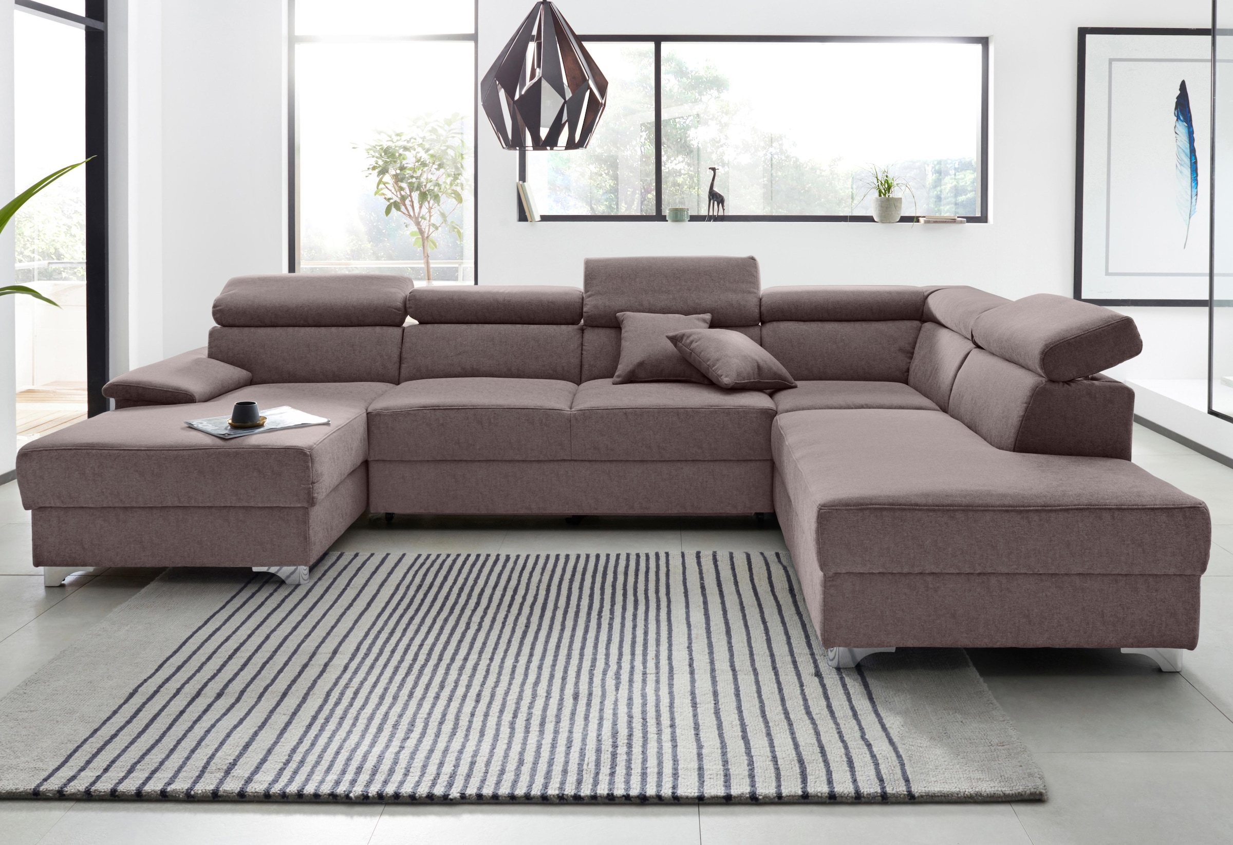 DOMO collection Wohnlandschaft »Mira, inklusive Kopfteilverstellung für mehr Wohlfühlkomfort, U-Form«, wahlweise mit Bettfunktion und Bettkasten, elegant und modern