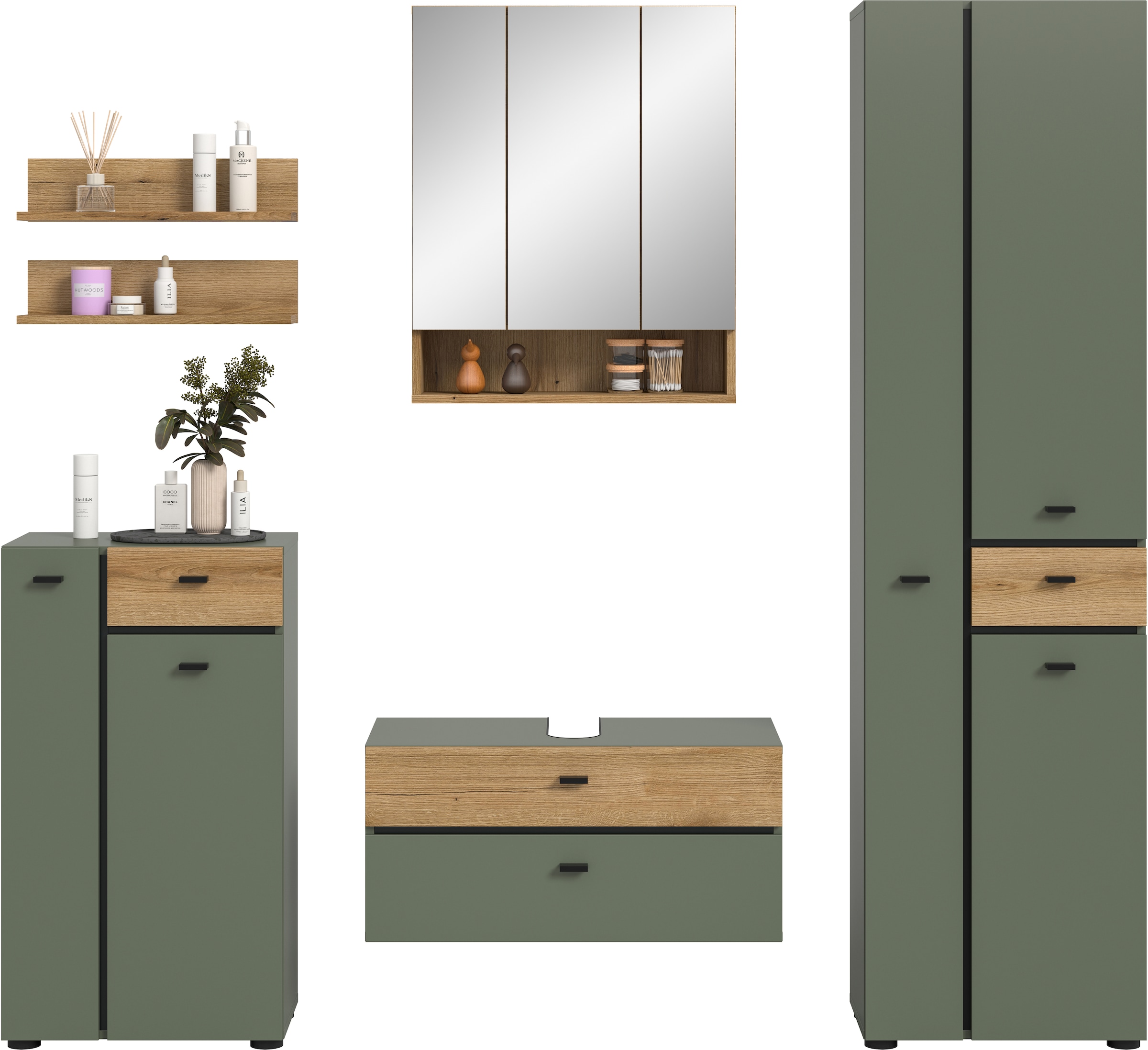 welltime Badmöbel-Set »VANN, 6-teilige moderne Badkombination, individuell stellbar« Midischrank, 2er Set Wandregal, WBU, Spiegelschrank, Hochschrank, 6 Stk. tlg.